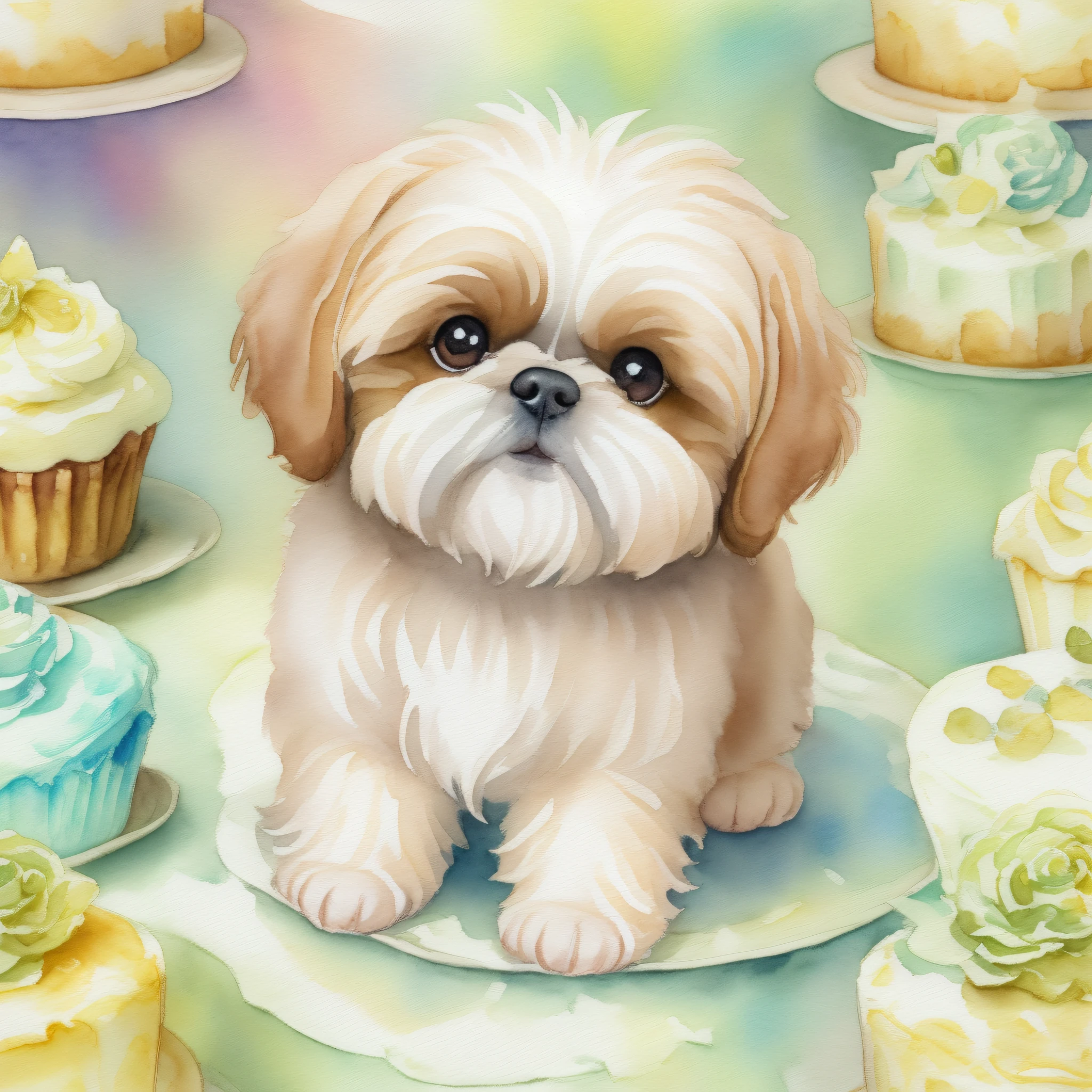 High quality, by disney, Very cute baby gold and white Shih Tzu dog, There are a lot of cakes around, Intricate details, Highly detailed, Focus, watercolor paiting, Bright colors, Soft lighting, Detailed face, Concept art , Bright colors, Muted colors, Watercolor style, Fairy tale style, Muted colors, Very cute, Watercolor style, Full body shot
