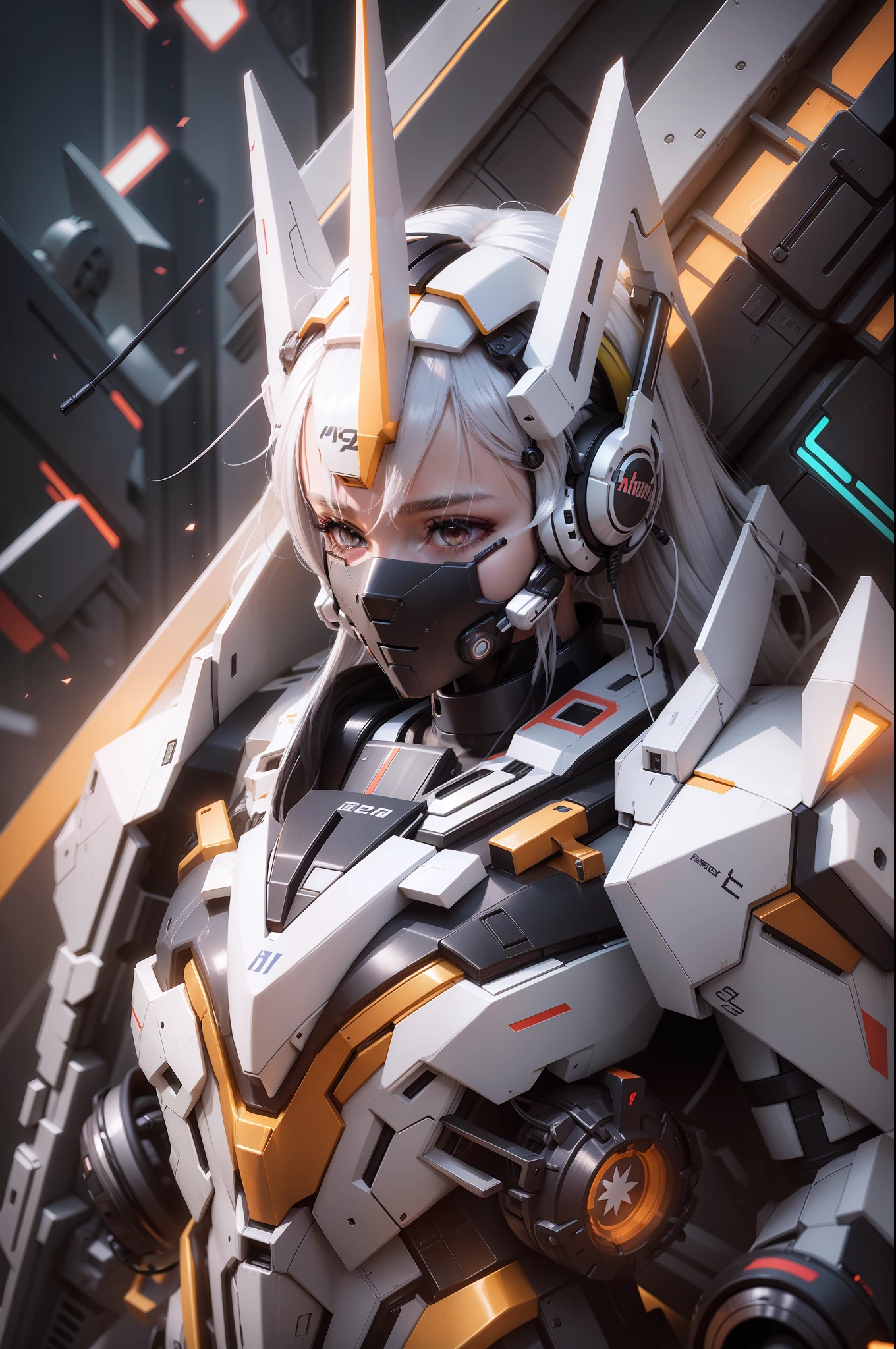 Girl, 3d, neon, slim body, long hair, white hair, headphone, clear skin, gundam
