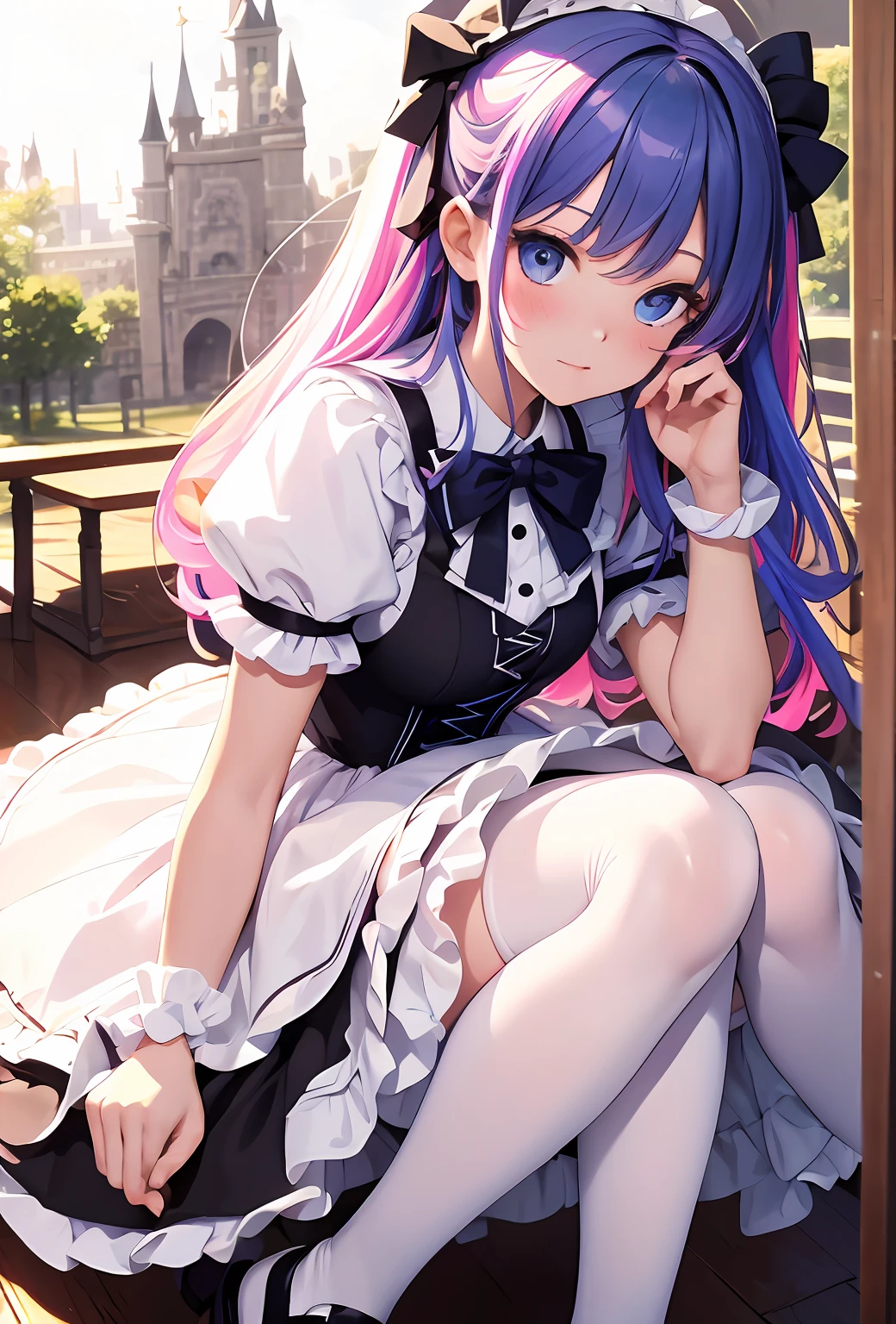 best qualityer，tmasterpiece，Ultimate resolution，downy，Extremely colorful，Colorful，Big high school girl，Lolita long dress， white stockings，Muffin shoes，castle background，closeup of face