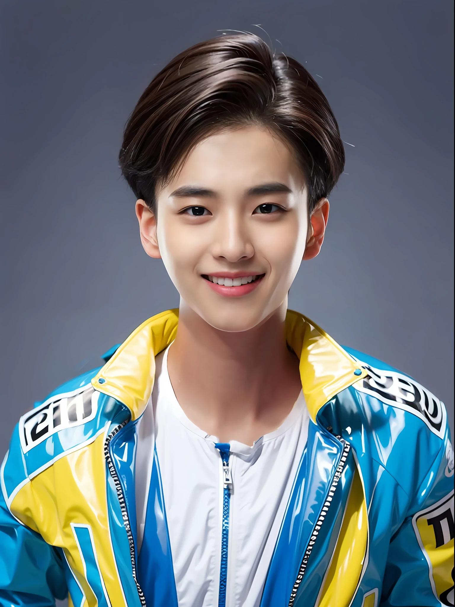 A 16-year-old male high school student,Wearing a PVC blue race suit,Cyan mid-split hair style