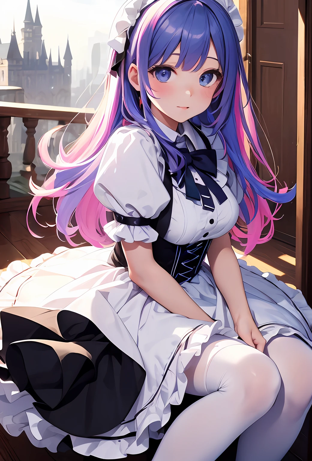 best qualityer，tmasterpiece，Ultimate resolution，downy，Extremely colorful，Colorful，Big high school girl，Lolita long dress， white stockings，Muffin shoes，castle background，closeup of face