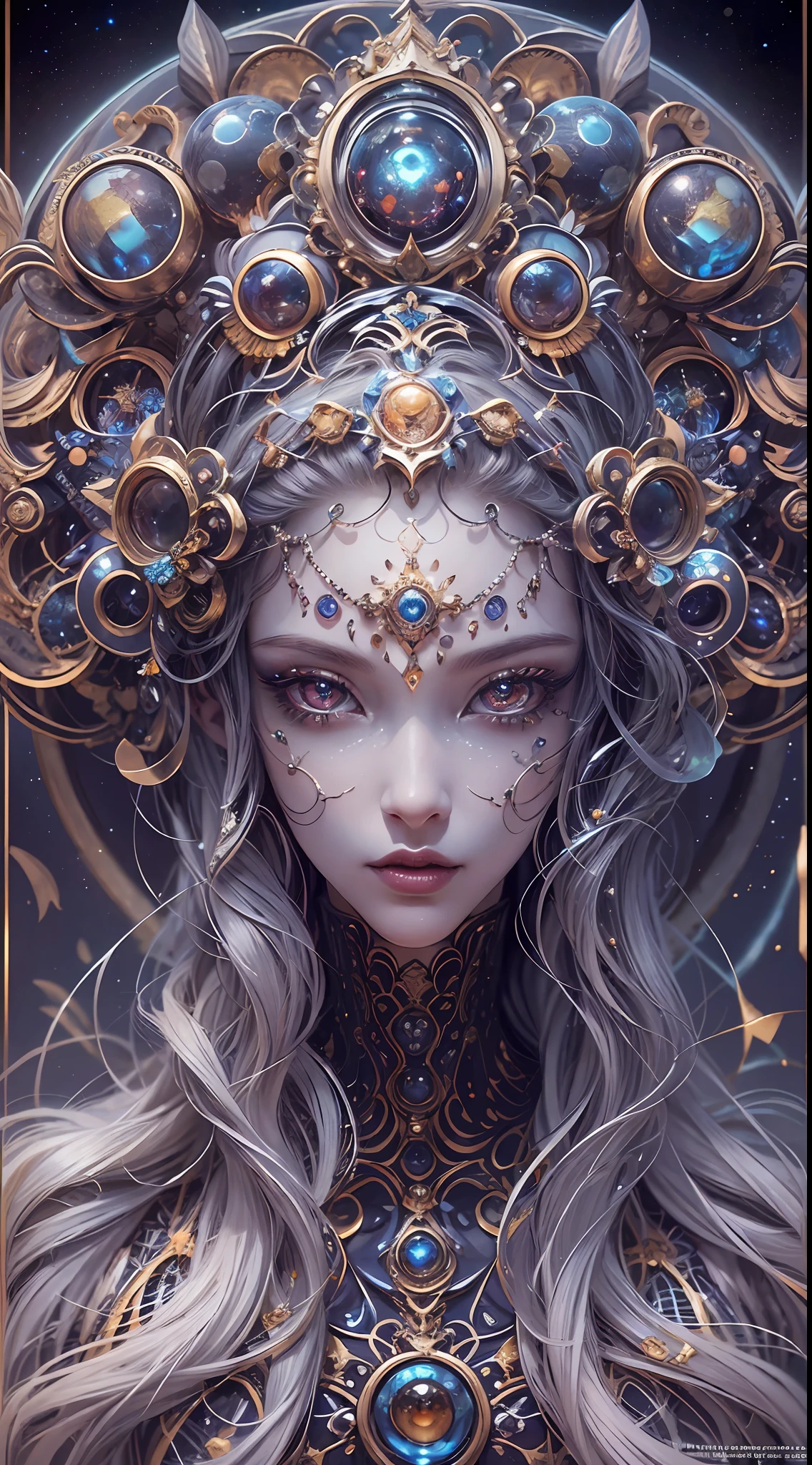 （best qualtiy，ultra - detailed，Most Best Illustration，Best shadow，tmasterpiece，A high resolution，professionalartwork，famousartwork），Detailed eyes，beautidful eyes，closeup cleavage，sci-fy，colored sclera，Robot eyes，face markings，Tattooed with，（fractalized，Fractal eyes），largeeyes，Wide eyes，（Eye focus），sface focus，Cosmic eyes，Space eyes，Close-up of metal sculpture of a woman with a moon in her hair，goddes。extremly high detail，3 d goddess portrait，Extremely detailed footage of the goddess，a stunning portrait of a goddess，Side image of the goddess，portrait of a beautiful goddess，Full body close-up portrait of the goddess，hecate goddess，portrait of a norse moon goddess，goddess of space and time