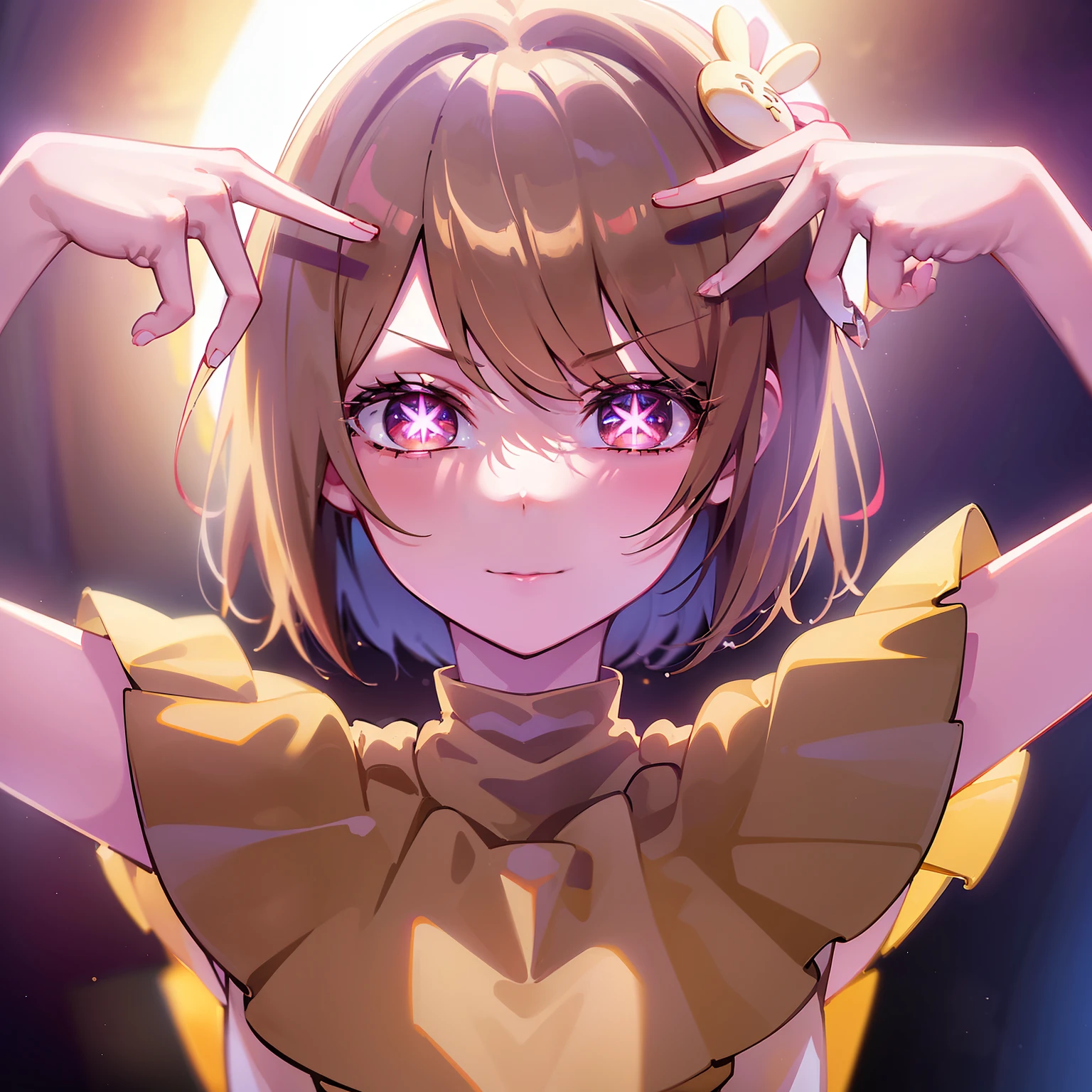 best quality, 4k, ((masterpiece)), extremely detailed, 8k, Hoshino, High Detail, Sharp focus, 1girl, solo, short hair, short-beige colored hair, crimson eyes, ((detailed eyes)), having a well-endowed figure, star-shaped pupils, hair ornament, idol, on stage