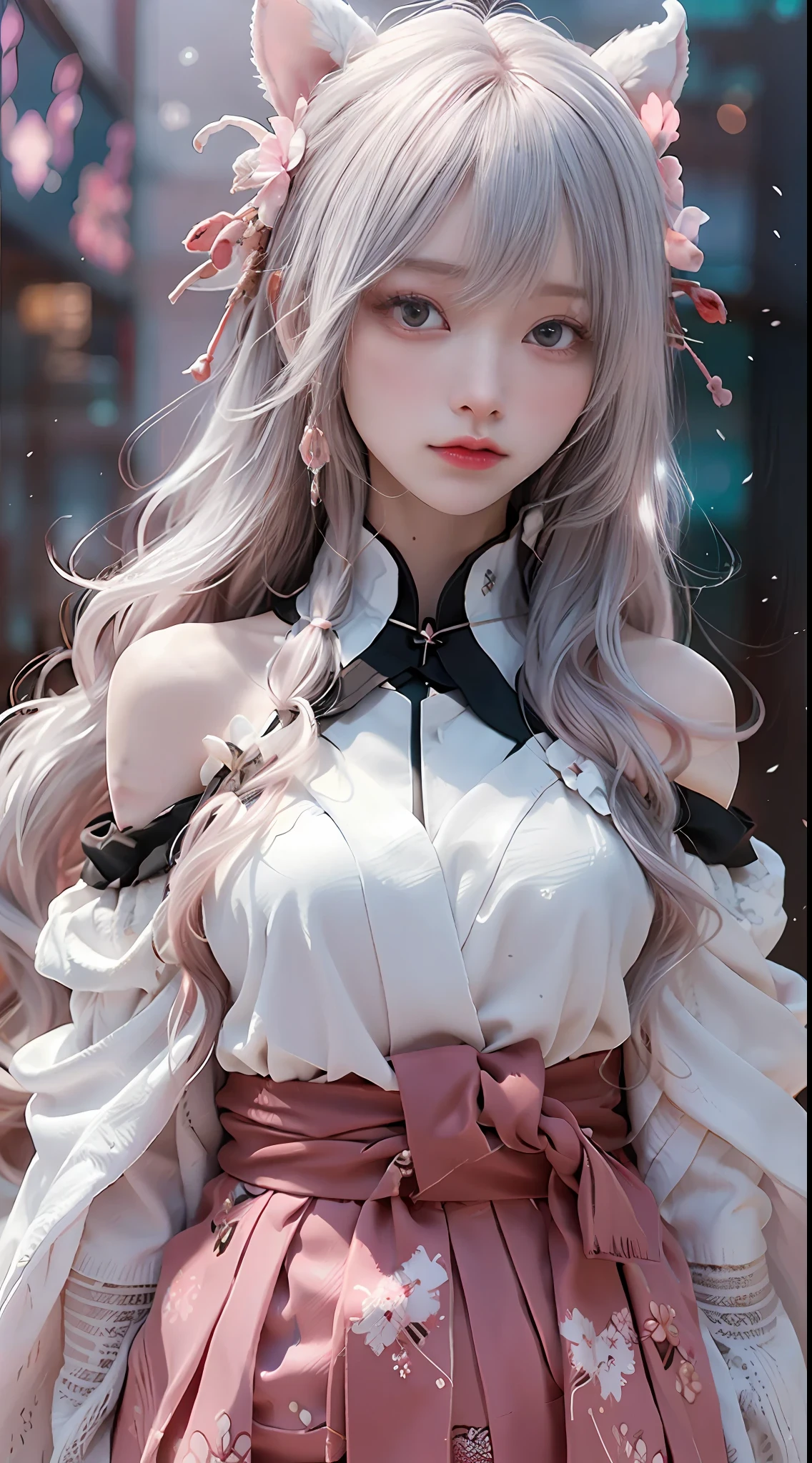 ((best qualtiy)), ((tmasterpiece)), (detail:1.4), Beautiful cyberpunk Japan woman image,,(Photograph the whole body),nffsw(HighDynamicRange),Ray traching,NVIDIA RTX,Hyper-Resolution,illusory 5,Sub-surface scattering,PBR Textures,post processed,Anisotropy Filtering,depth of fields,maximum definition and sharpness,multi-layer texture,Albedo e mapas Speculares,Surface Coloring,Mitsu-Accurate simulation of material interactions,Perfectly proportioned,rendering by octane,Two-colored light,Large aperture,Low ISO,White Balance,Rule three points、8K raw data、Beautiful bright red pupils,Off-the-shoulder clothing,shrine maiden clothe,Crimson Hakama,Pink gradient on pure white hair,Delicate face and eyes,with round face, drooing eyes, long eyelasher,Blushlush,Delicate and fluffy hair,lip,pure,Cute face,Sweet girl,Artistic sense,Casual wear,Advanced Sense,Snowflake,flower petals,Snowflake, Briar snow background, Beautiful Hair Accessories,long hair and waist,Hair fluttering in the wind,Snow White cat ears, Curly