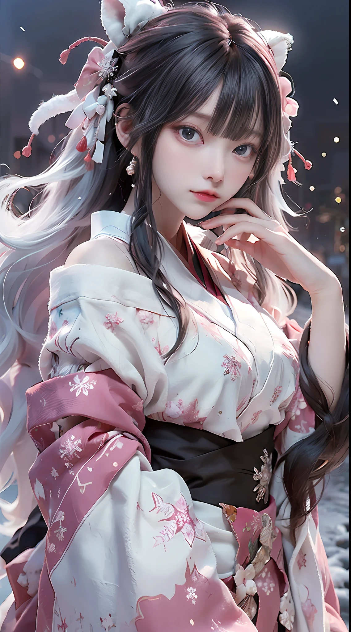 ((best qualtiy)), ((tmasterpiece)), (detail:1.4), Beautiful cyberpunk Japan woman image,,(Photograph the whole body),nffsw(HighDynamicRange),Ray traching,NVIDIA RTX,Hyper-Resolution,illusory 5,Sub-surface scattering,PBR Textures,post processed,Anisotropy Filtering,depth of fields,maximum definition and sharpness,multi-layer texture,Albedo e mapas Speculares,Surface Coloring,Mitsu-Accurate simulation of material interactions,Perfectly proportioned,rendering by octane,Two-colored light,Large aperture,Low ISO,White Balance,Rule three points、8K raw data、Beautiful bright red pupils,Off-the-shoulder clothing,shrine maiden clothe,Crimson Hakama,Pink gradient on pure white hair,Delicate face and eyes,with round face, drooing eyes, long eyelasher,Blushlush,Delicate and fluffy hair,lip,pure,Cute face,Sweet girl,Artistic sense,Casual wear,Advanced Sense,Snowflake,flower petals,Snowflake, Briar snow background, Beautiful Hair Accessories,long hair and waist,Hair fluttering in the wind,Snow White cat ears, Curly