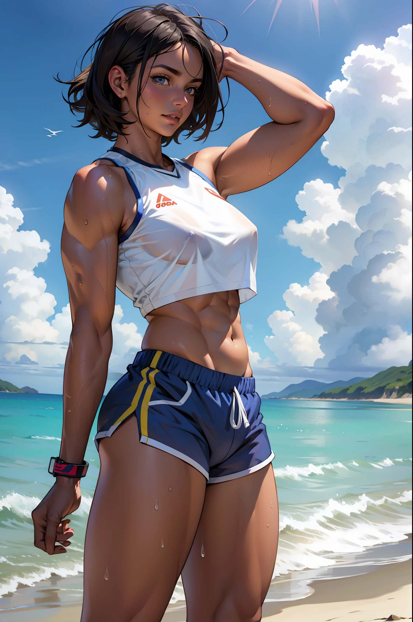 Uma careca trativa de meia-idade, musculoso, barriga grande peluda, peito e abdome pilosos, sunbathing on the beach wearing a wet translucent shorts showing off her huge leg muscles, hairy pubis, podemos ver sua pele molhada, Very detailed, best quality, , master part, Super Detalhe, best quality