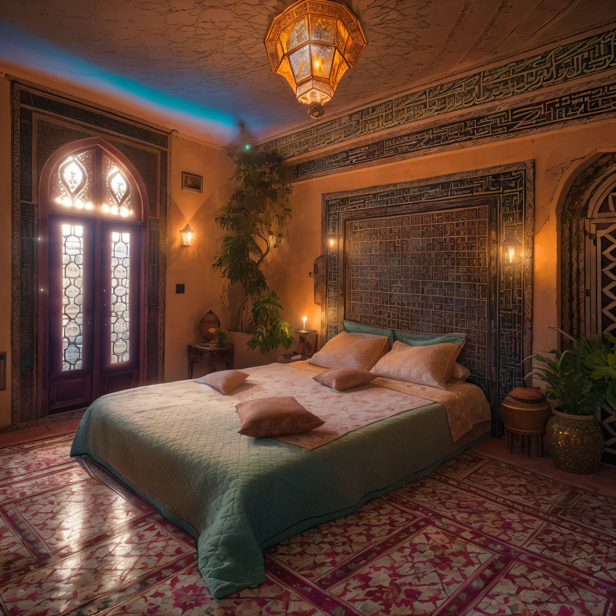 Moroccan bed, Amazigh pillows, Amazigh traditional bedroom, masterpiece, best quality, ultra high res, RAW, ((Riad)), Marrakech, Marrakesh, Moroccan lamps, (Photoluminescence), blooming flowers, clear, Cinematic RAW photo, hyper real photo, ultrarealistic, 8k uhd, dslr, soft lighting, high quality, film grain, Fujifilm XT3, photographed on a Kodak Retina II Sanyo Xacti VPC-CA6, 50mm lens, Wide Angle, HDR, hyper-realistic, colorgraded, volumetric lighting, [volumetric fog, moist], shallow depth of field, reflections, photo, (sparkling), glistening, (iridescent), glimmering, shimmering, mystical, enchanting, glittering, Morocco, exotic, (masterpiece) (best quality) (detailed) (8k) (HDR) (wallpaper) (cinematic lighting) (sharp focus) (intricate), romantic, candles, rose petals