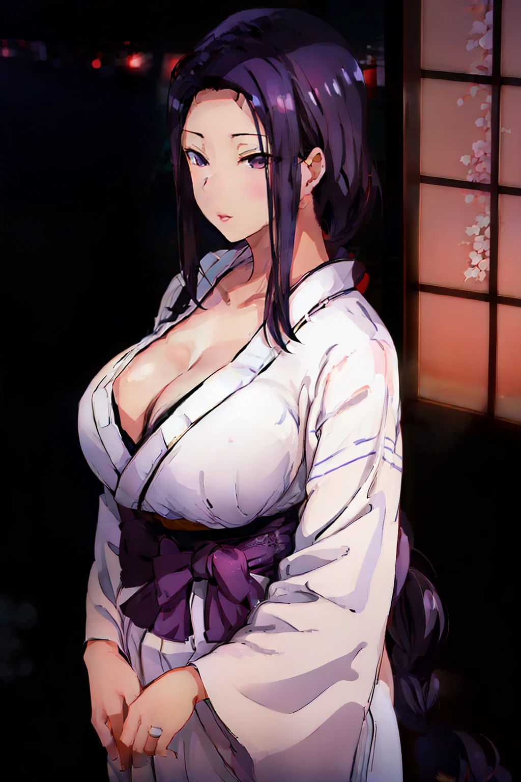 (Night:1.7), Japan, Tokyo, CityView, Before Window, Standing at attention, (White_kimono:1.3),cleavage, black_hair, long_hair, hair_pulled_back,parted_lips,purple_eyes, braid, 1 girl, 24yo,mature female,Beautiful Finger,Beautiful long