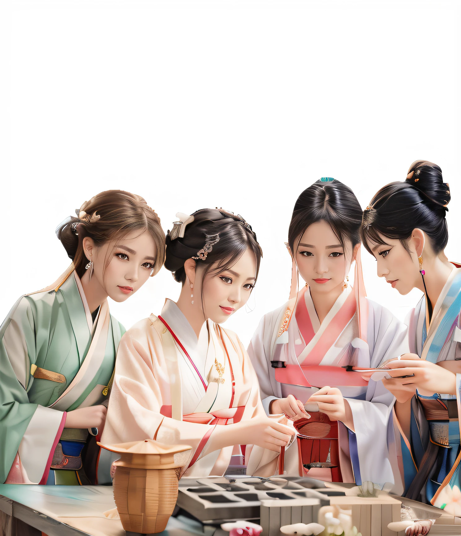 All eyes and ears,(Gorgeous costumes with rich details:1.5)Three women dressed in Hanfu fiddle with handicrafts on a table,2 girls with long hair shawls,Gorgeous Hanfu,More realistic long hair,Delicate earrings, Delicate hair accessories, ultra-realistic realism, 8K, super detailing, ccurate, best qualtiy