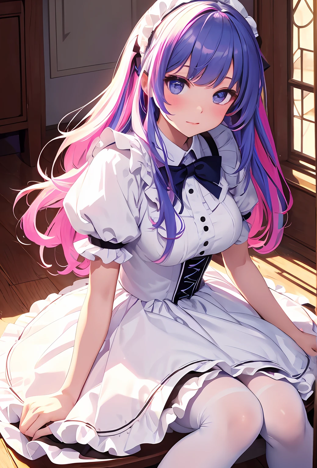 best qualityer,tmasterpiece,Ultimate resolution,downy,Extremely colorful,Colorful,Big high school girl,ta long dress, white stockings,Muffin shoes,Background inside the castle,closeup of face