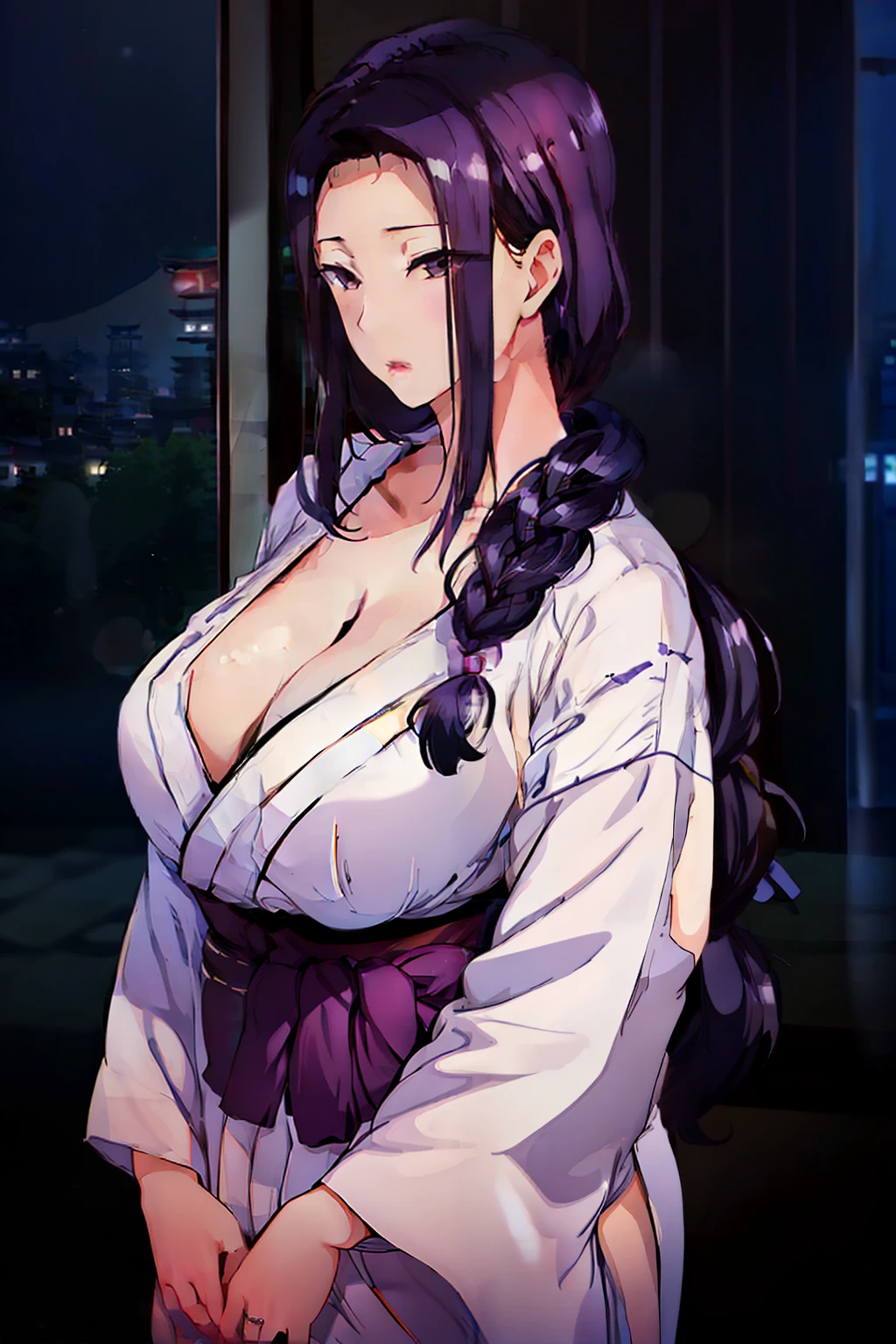 (Night:1.7), Japan, Tokyo, CityView, Before Window, Standing at attention, (White_kimono:1.3),cleavage, black_hair, long_hair, hair_pulled_back,parted_lips,purple_eyes, braid, 1 girl, 24yo,mature female,Beautiful Finger,Beautiful long