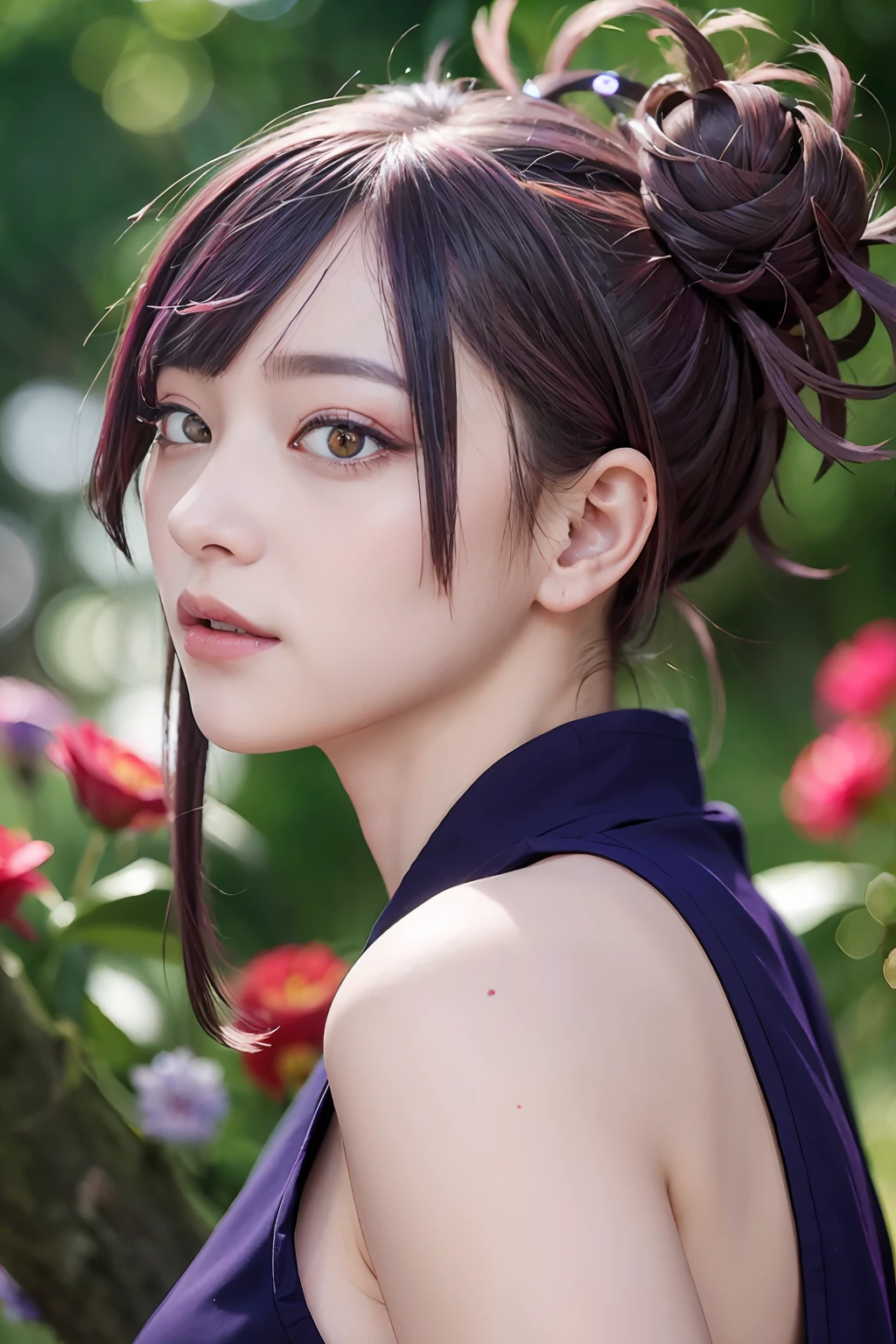 ((purple color hair、red eyes、a purple eye、Dark eye shadow、Dark eyeliner、Patsun、poneyTail、Bun head、tthin eyebrows、kunoichi))、NSFW、masterpiece、top-quality、hightquality、magnifica、Beautiful fece、hight resolution、Very high resolution、Raw photo、Best Illustration、hyper realisitic、1girl in、realisitic、The ultra-detailliert、Photorealsitic、incredibly absurdness、a closeup、Floating hair、Soft light、Cinema Lights、Film grain、full body Esbian、depth of fields、blurry backround、bokeh dof:1.4、eyes focus、85mmレンズ、professionally lit、lensflare、Luminous particles:0.6、Professional Writing、portlate:0.6、Photon mapping、Radio City、physically-based renderingt、a japanese girl、sexual excitement:1.5、Lifelike face、Realistic body、real looking skin、huge-breasted:1.3、well-styled、camel's toe、light skinned:1.1、cute little:1.5