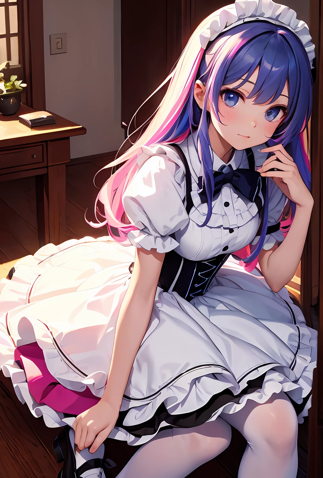 best qualityer，tmasterpiece，Ultimate resolution，downy，Extremely colorful，Colorful，Big high school girl，Lolita long dress， white stockings，Muffin shoes，Background inside the castle，closeup of face