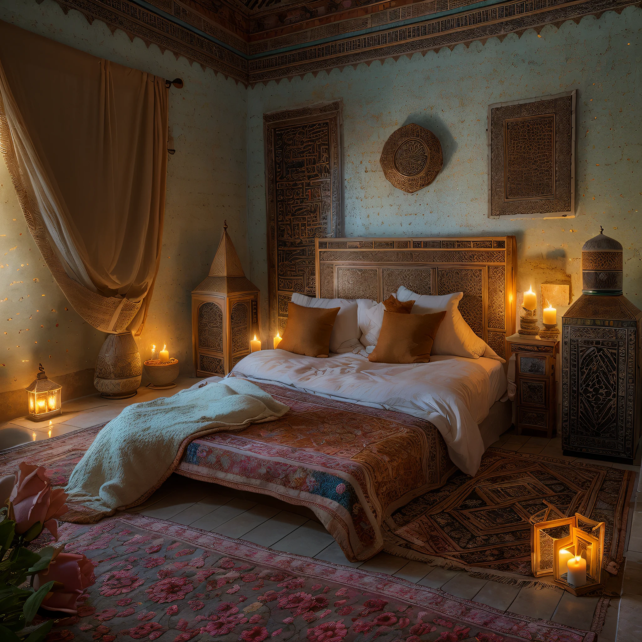 Moroccan bed, Amazigh pillows, Amazigh traditional bedroom, masterpiece, best quality, ultra high res, RAW, ((Riad)), Marrakech, Marrakesh, Moroccan lamps, (Photoluminescence), blooming flowers, clear, Cinematic RAW photo, hyper real photo, ultrarealistic, 8k uhd, dslr, soft lighting, high quality, film grain, Fujifilm XT3, photographed on a Kodak Retina II Sanyo Xacti VPC-CA6, 50mm lens, Wide Angle, HDR, hyper-realistic, colorgraded, volumetric lighting, [volumetric fog, moist], shallow depth of field, reflections, photo, (sparkling), glistening, (iridescent), glimmering, shimmering, mystical, enchanting, glittering, Morocco, exotic, (masterpiece) (best quality) (detailed) (8k) (HDR) (wallpaper) (cinematic lighting) (sharp focus) (intricate), romantic, candles, rose petals