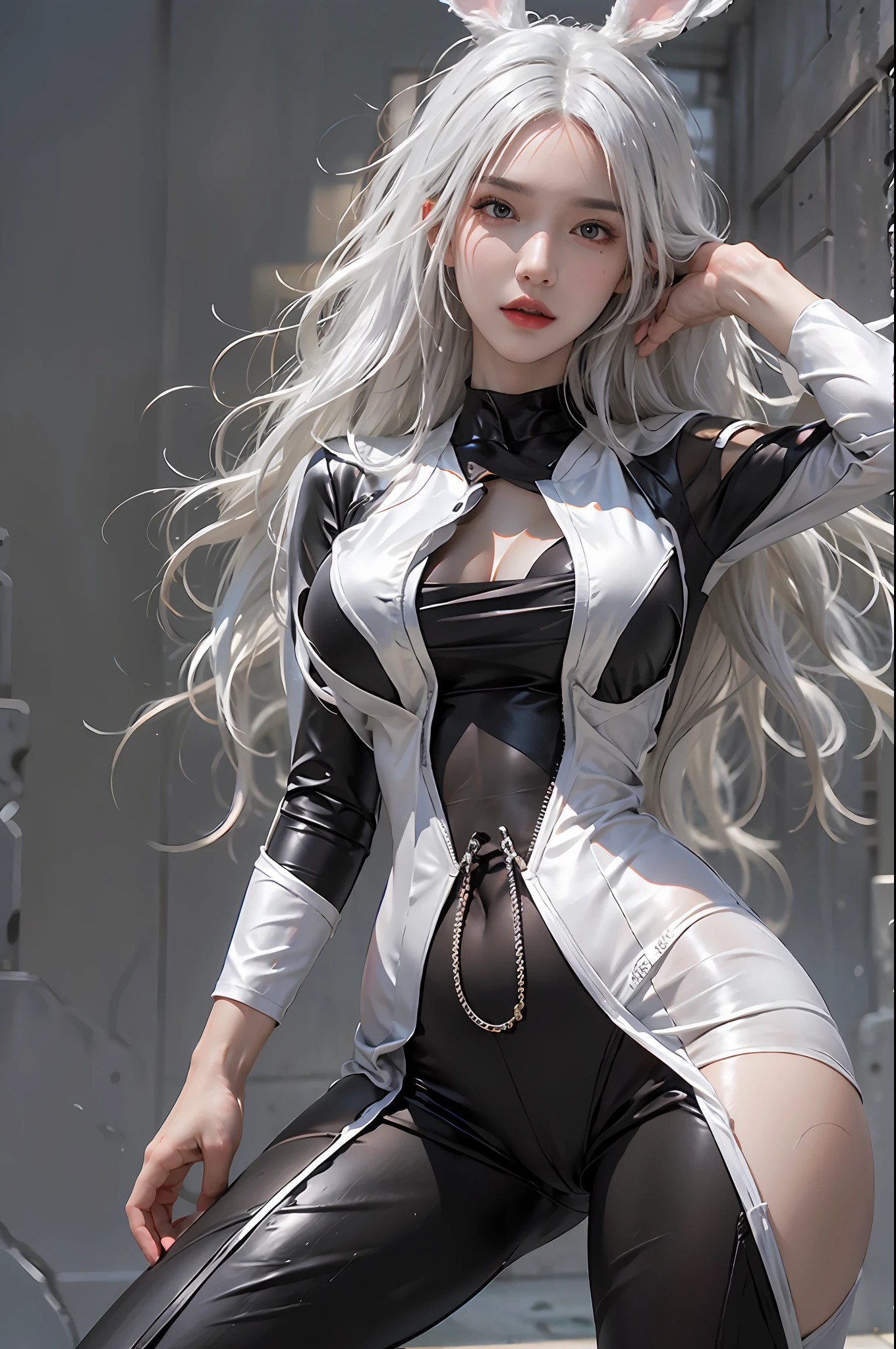 photorealistic, high resolution, 1women, solo, hips up, look at viewer, (detailed face), white hair, long hair, black playboy bunnysuit
