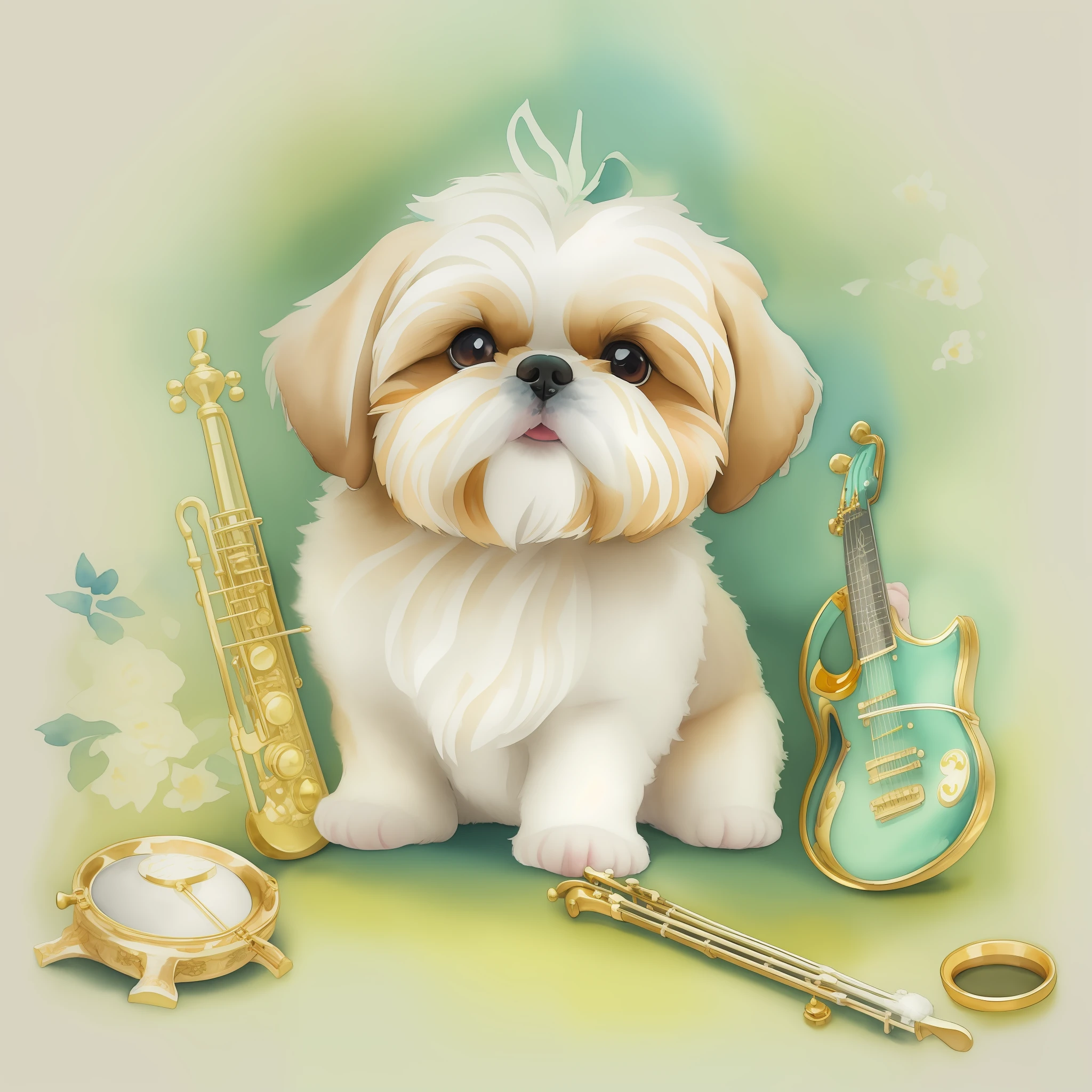 High quality, by disney, Very cute baby gold and white Shih Tzu dog, There are a lot of instruments around, Intricate details, Highly detailed, Focus, watercolor paiting, Bright colors, Soft lighting, Detailed face, Concept art , Bright colors, Muted colors, Watercolor style, Fairy tale style, Muted colors, Full body shot