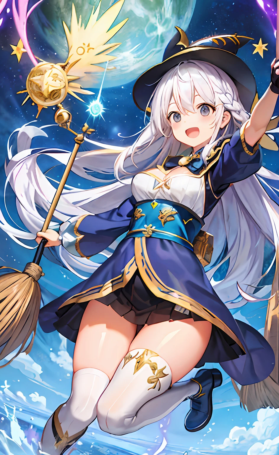 tmasterpiece,best qualtiy,ultra - detailed,illustratio,1girll,独奏,fanciful,flight,broom,nigh sky,exteriors,magia,incantation,themoon,As estrelas,clouds,ventania,the hair,cloaks,bucket-hat,Boots,broom,with light glowing,mistic,Attractive cleavage,Whimsical,Adventurous,Free,Miraculous,Imaginative,Determined,Skillful,Speedy,kinetic,Energetic,Realist,Naturalistic,Figurative,Figurative,The beautiful,Fantasy culture,mito,fairytale-like,Folklore,legends,sorceress woman,the witcher、Magical creatures、Fantasy world、composition、proportionate、foreground、中景 the scene is、Background with、ssee-through、llight rays、colours、Textured、the detail、Beauty Feeling、miracle,tarot card background,tarot cards