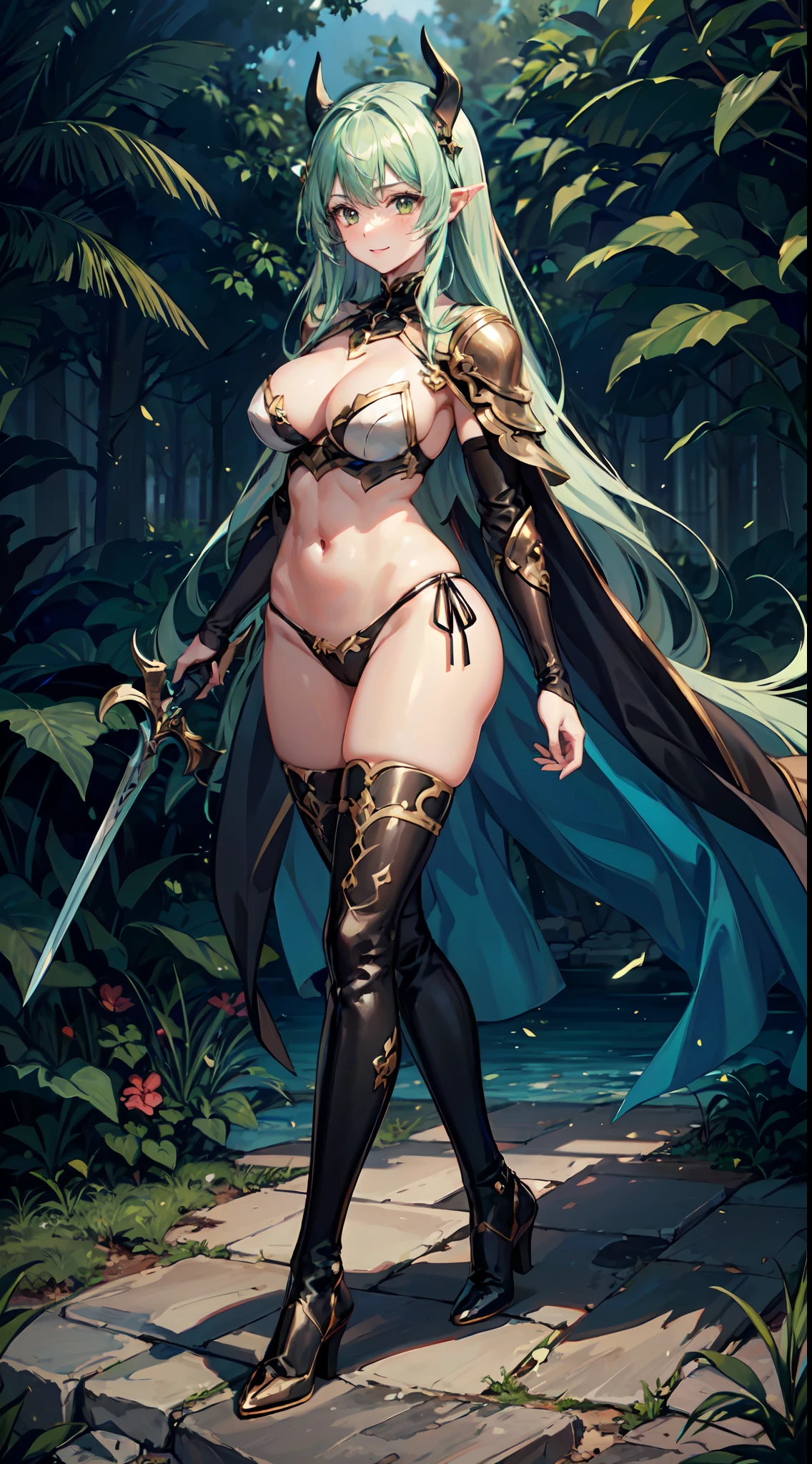(((Masterpiece))),(((Best Quality))),(((Extremely Detailed))), Illustration, (High Resolution), High Quality, 1girl abs armor armored_boots bikini_armor boots breasts cape cleavage clothing colored_skin contrapposto dark_skin dark-skinned_female fantasy female footwear forest gauntlets gloves greaves green_hair green_skin gruntnk holding holding_object holding_sword holding_weapon horns large_breasts long_hair looking_at_viewer midriff monster_girl muscle muscular_female nature navel obliques orc outdoors pantsu pauldron planted planted_sword planted_weapon pointed_ears revealing_clothes shoulder_armor smile solo standing sword thick_thighs thigh_boots thighhighs thighs toned tree underwear vambraces weapon wide_hips high_resolution 1:1_aspect_ratio full_body, ((green skin))