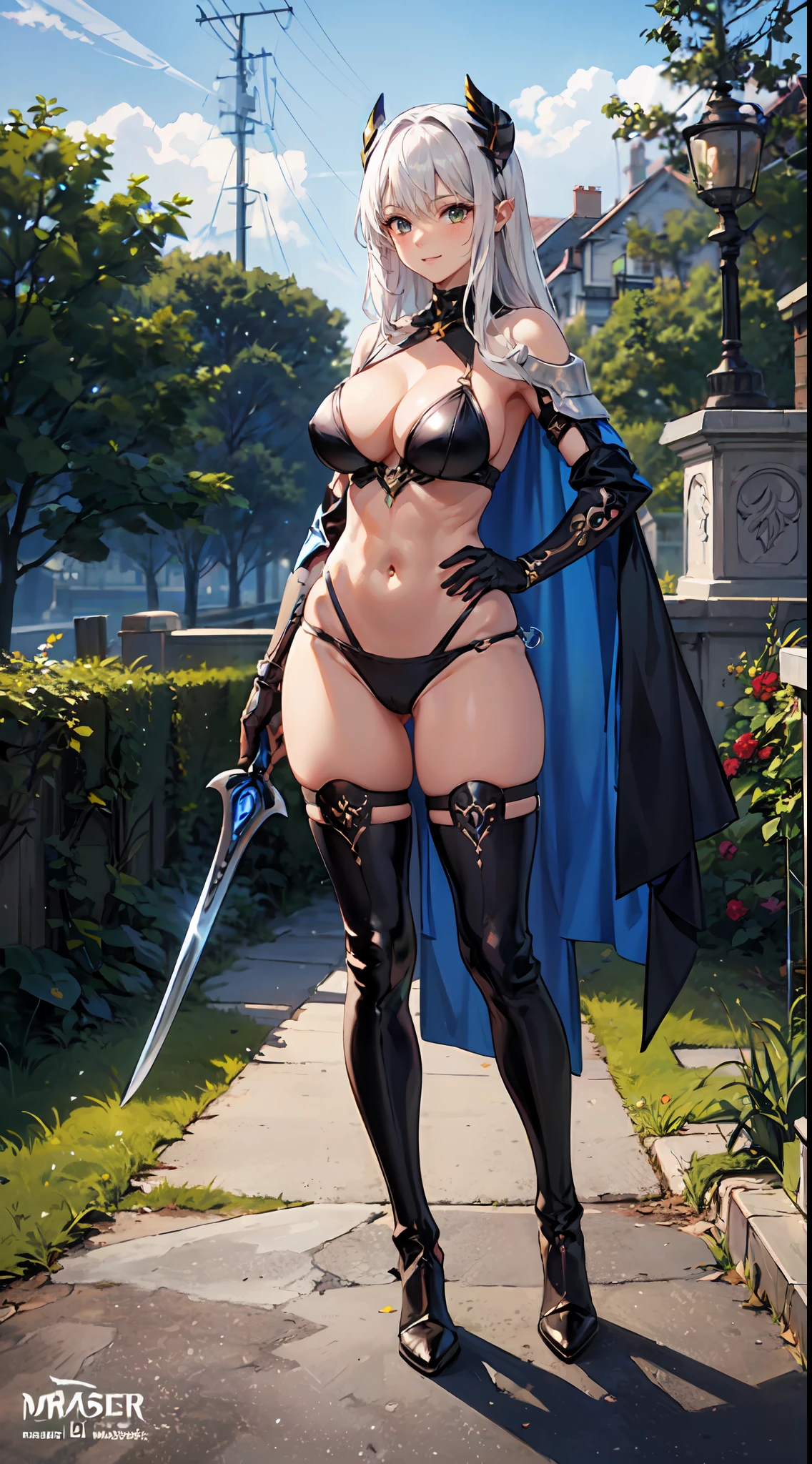 (((Masterpiece))),(((Best Quality))),(((Extremely Detailed))), Illustration, (High Resolution), High Quality, 1girl abs armor armored_boots bikini_armor boots breasts cape cleavage clothing colored_skin contrapposto dark_skin dark-skinned_female fantasy female footwear forest gauntlets gloves greaves green_hair green_skin gruntnk holding holding_object holding_sword holding_weapon horns large_breasts long_hair looking_at_viewer midriff monster_girl muscle muscular_female nature navel obliques orc outdoors pantsu pauldron planted planted_sword planted_weapon pointed_ears revealing_clothes shoulder_armor smile solo standing sword thick_thighs thigh_boots thighhighs thighs toned tree underwear vambraces weapon wide_hips high_resolution 1:1_aspect_ratio full_body