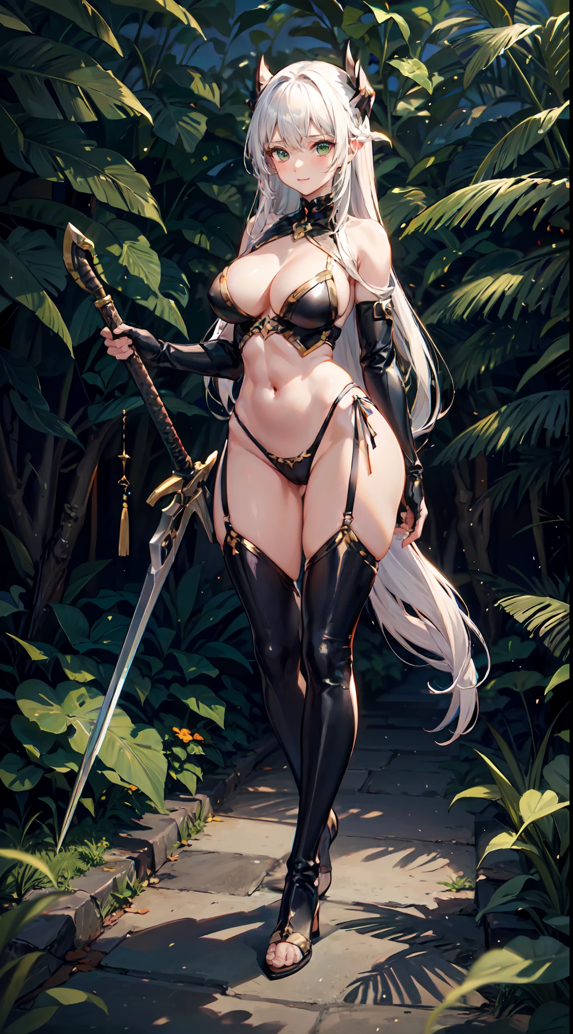 (((Masterpiece))),(((Best Quality))),(((Extremely Detailed))), Illustration, (High Resolution), High Quality, 1girl abs armor armored_boots bikini_armor boots breasts cape cleavage clothing colored_skin contrapposto dark_skin dark-skinned_female fantasy female footwear forest gauntlets gloves greaves green_hair green_skin gruntnk holding holding_object holding_sword holding_weapon horns large_breasts long_hair looking_at_viewer midriff monster_girl muscle muscular_female nature navel obliques orc outdoors pantsu pauldron planted planted_sword planted_weapon pointed_ears revealing_clothes shoulder_armor smile solo standing sword thick_thighs thigh_boots thighhighs thighs toned tree underwear vambraces weapon wide_hips high_resolution 1:1_aspect_ratio full_body