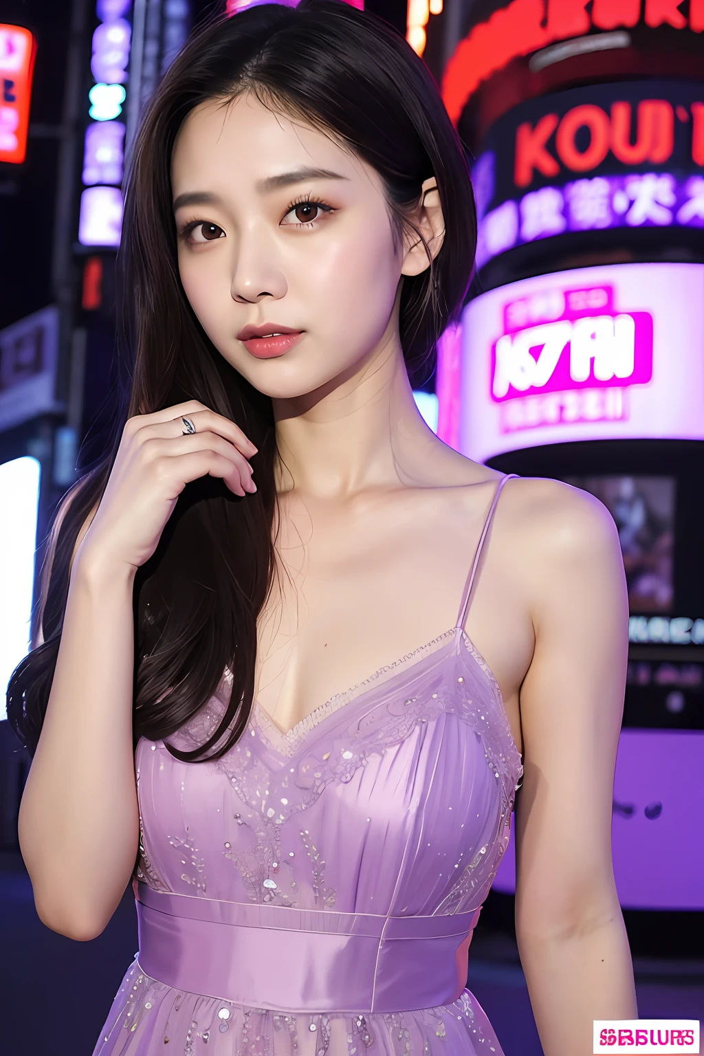 (extra detailed body、extra detailed face、best qualtiy:1.2)、femele、looking at the viewers、(Purple Nightdress)、(Kabukicho in the background:1.4)