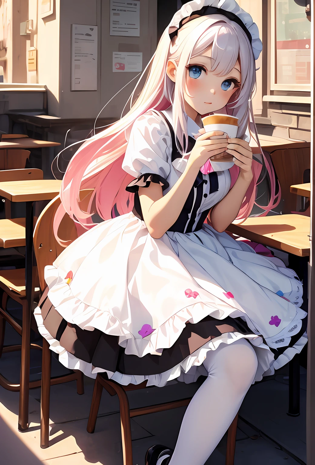 best qualityer,tmasterpiece,Ultimate resolution,downy,Extremely colorful,Colorful,Big high school girl,Lolita long dress, white stockings,Muffin shoes,Cafe background,closeup of face