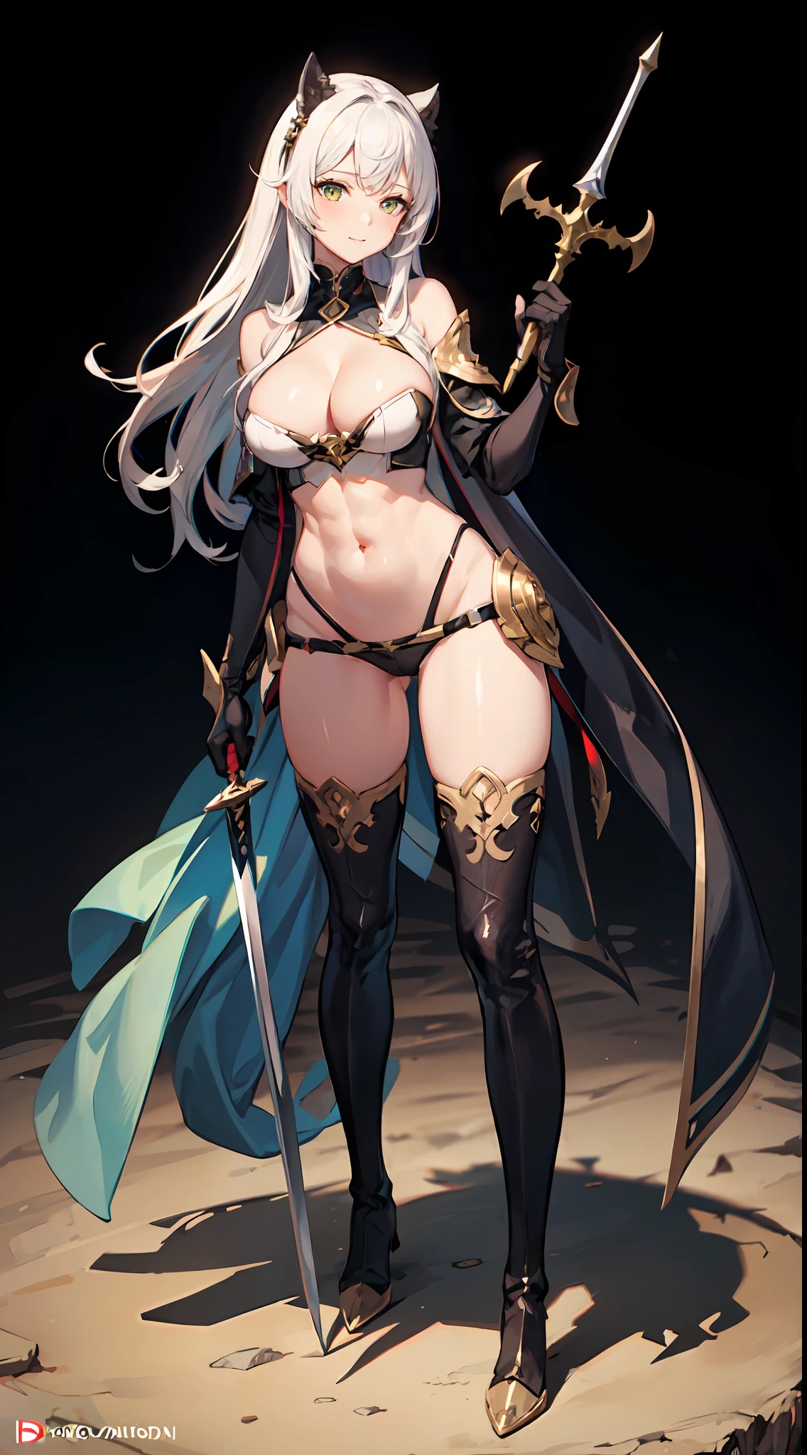 (((Masterpiece))),(((Best Quality))),(((Extremely Detailed))), Illustration, (High Resolution), High Quality, 1girl abs armor armored_boots bikini_armor boots breasts cape cleavage clothing colored_skin contrapposto dark_skin dark-skinned_female fantasy female footwear forest gauntlets gloves greaves green_hair green_skin gruntnk holding holding_object holding_sword holding_weapon horns large_breasts long_hair looking_at_viewer midriff monster_girl muscle muscular_female nature navel obliques orc outdoors pantsu pauldron planted planted_sword planted_weapon pointed_ears revealing_clothes shoulder_armor smile solo standing sword thick_thighs thigh_boots thighhighs thighs toned tree underwear vambraces weapon wide_hips high_resolution 1:1_aspect_ratio full_body