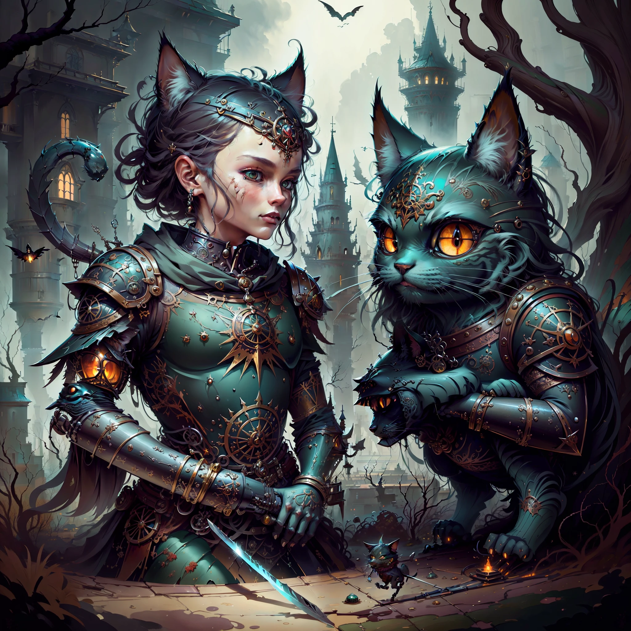 (masterpiece:1.2), original, masterpiece, best quality, official art, painting of a cat with a sword and armor on a branch, style of greg simkins, benjamin lacombe, inspired by Brian Despain, shaun tan and peter mohrbacher, andrews esao artstyle, !!!esao andrews!!!, esao andrews : : ornate, 4 k detail fantasy, highly detailed surrealist art, by Galen Dara, lan mcque