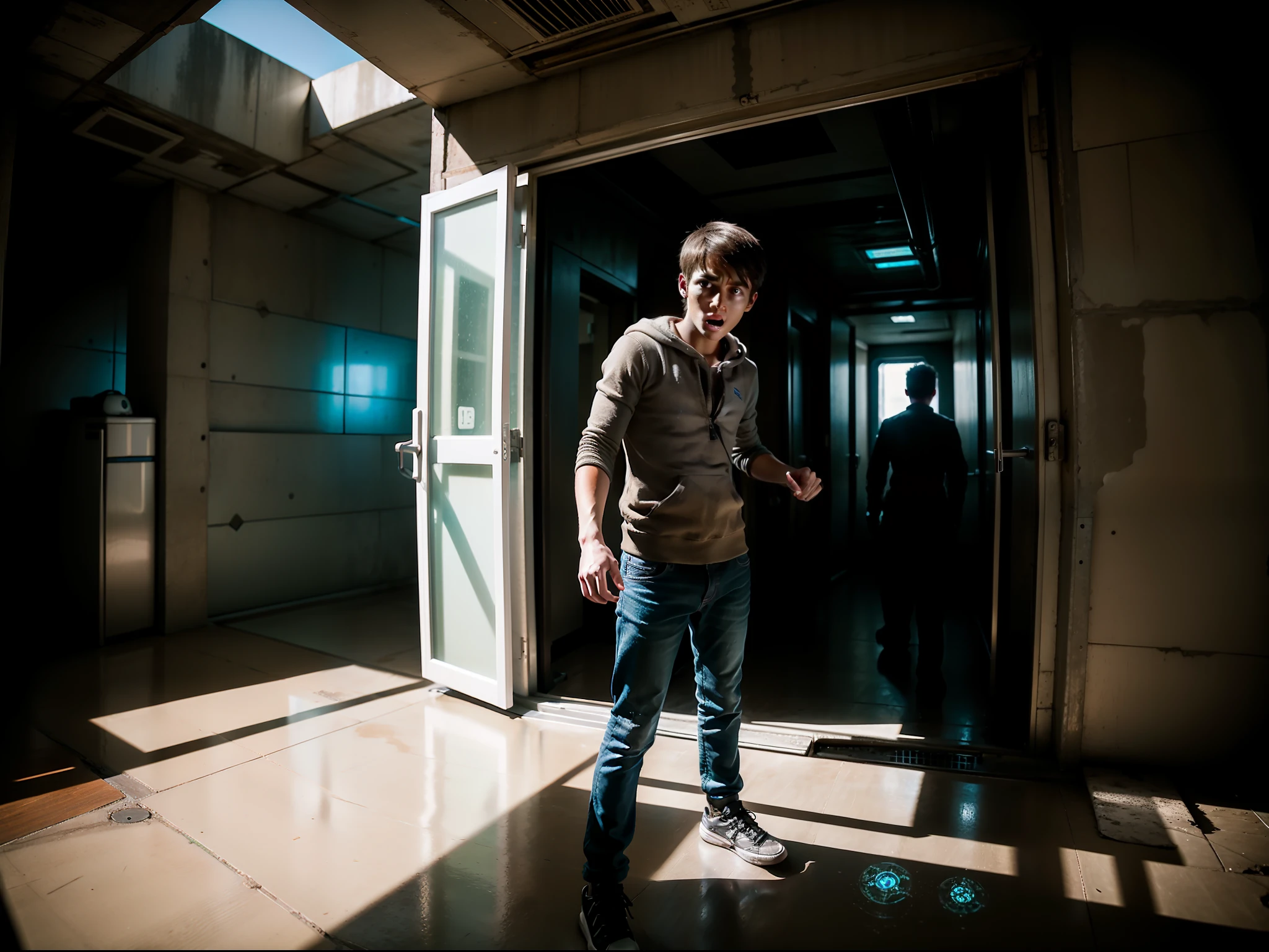 a young man with a frightened countenance in a dystopian future inspired by Portal 2