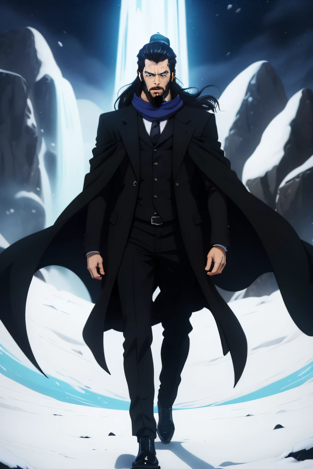 anime, man, black suit, black overcoat, neck blue scarf, long ponytail hair, tiny beard
