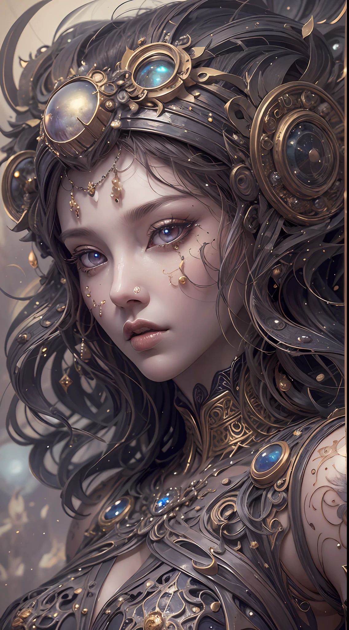 （best qualtiy，ultra - detailed，Most Best Illustration，Best shadow，tmasterpiece，A high resolution，professionalartwork，famousartwork），Detailed eyes，beautidful eyes，closeup cleavage，sci-fy，colored sclera，Robot eyes，face markings，Tattooed with，（fractalized，Fractal eyes），largeeyes，Wide eyes，（Eye focus），sface focus，Cosmic eyes，Space eyes，Close-up of metal sculpture of a woman with a moon in her hair，goddes。extremly high detail，3 d goddess portrait，Extremely detailed footage of the goddess，a stunning portrait of a goddess，Side image of the goddess，portrait of a beautiful goddess，Full body close-up portrait of the goddess，hecate goddess，portrait of a norse moon goddess，goddess of space and time