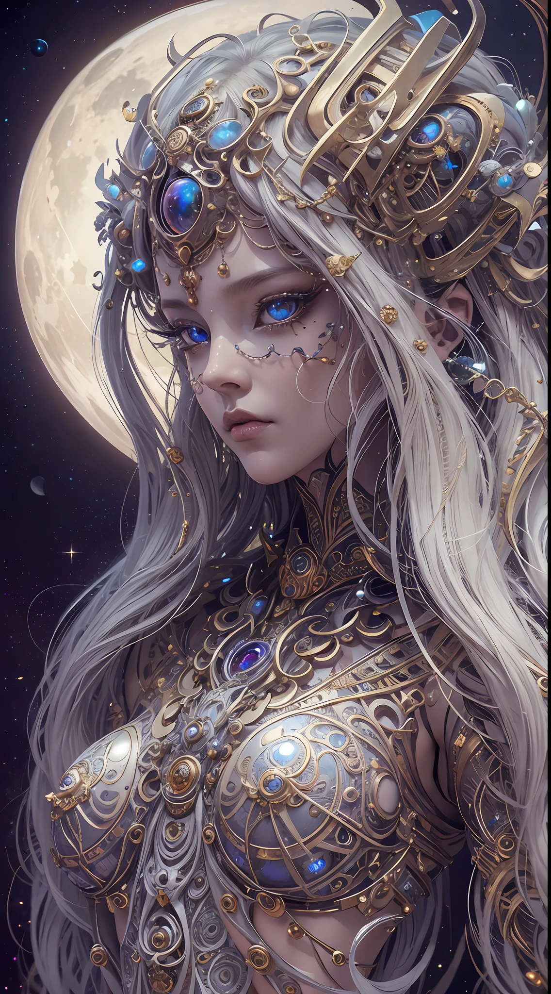 (best qualtiy,ultra - detailed,Most Best Illustration,Best shadow,tmasterpiece,A high resolution,professionalartwork,famousartwork),Detailed eyes,beautidful eyes,closeup cleavage,sci-fy,colored sclera,Robot eyes,face markings,Tattooed with,(fractalized,Fractal eyes),largeeyes,Wide eyes,(Eye focus),sface focus,Cosmic eyes,Space eyes,Close-up of metal sculpture of a woman with a moon in her hair,goddes。extremly high detail,3 d goddess portrait,Extremely detailed footage of the goddess,a stunning portrait of a goddess,Side image of the goddess,portrait of a beautiful goddess,Full body close-up portrait of the goddess,hecate goddess,portrait of a norse moon goddess,goddess of space and time