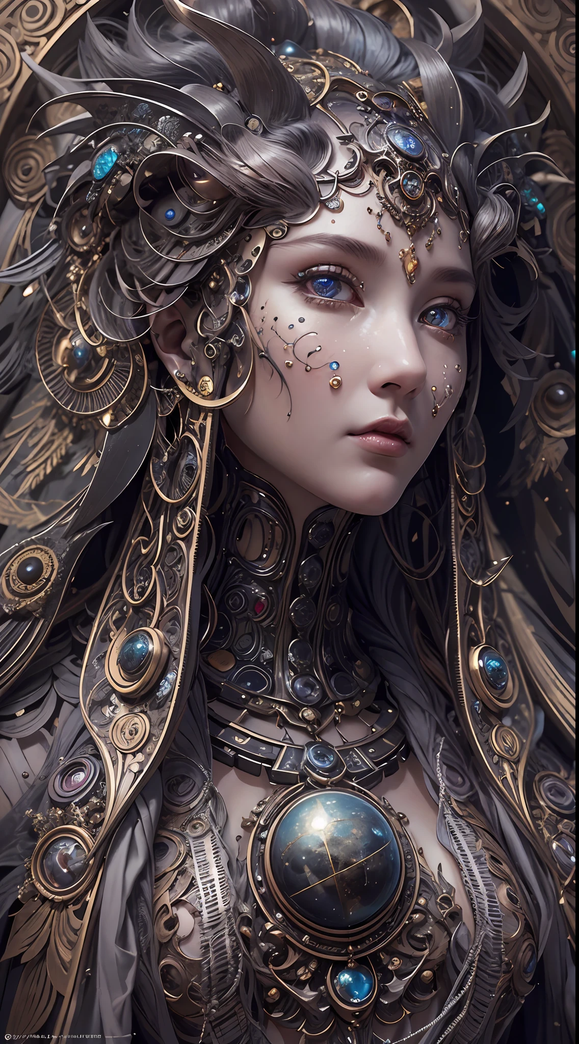 （best qualtiy，ultra - detailed，Most Best Illustration，Best shadow，tmasterpiece，A high resolution，professionalartwork，famousartwork），Detailed eyes，beautidful eyes，closeup cleavage，sci-fy，colored sclera，Robot eyes，face markings，Tattooed with，（fractalized，Fractal eyes），largeeyes，Wide eyes，（Eye focus），sface focus，Cosmic eyes，Space eyes，Close-up of metal sculpture of a woman with a moon in her hair，goddes。extremly high detail，3 d goddess portrait，Extremely detailed footage of the goddess，a stunning portrait of a goddess，Side image of the goddess，portrait of a beautiful goddess，Full body close-up portrait of the goddess，hecate goddess，portrait of a norse moon goddess，goddess of space and time