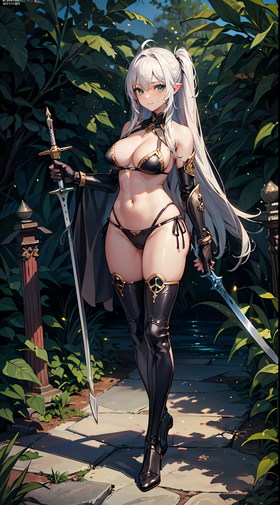 (((Masterpiece))),(((Best Quality))),(((Extremely Detailed))), Illustration, (High Resolution), High Quality, 1girl abs armor armored_boots bikini_armor boots breasts cape cleavage clothing colored_skin contrapposto dark_skin dark-skinned_female fantasy female footwear forest gauntlets gloves greaves green_hair green_skin gruntnk holding holding_object holding_sword holding_weapon horns large_breasts long_hair looking_at_viewer midriff monster_girl muscle muscular_female nature navel obliques orc outdoors pantsu pauldron planted planted_sword planted_weapon pointed_ears revealing_clothes shoulder_armor smile solo standing sword thick_thighs thigh_boots thighhighs thighs toned tree underwear vambraces weapon wide_hips high_resolution 1:1_aspect_ratio full_body