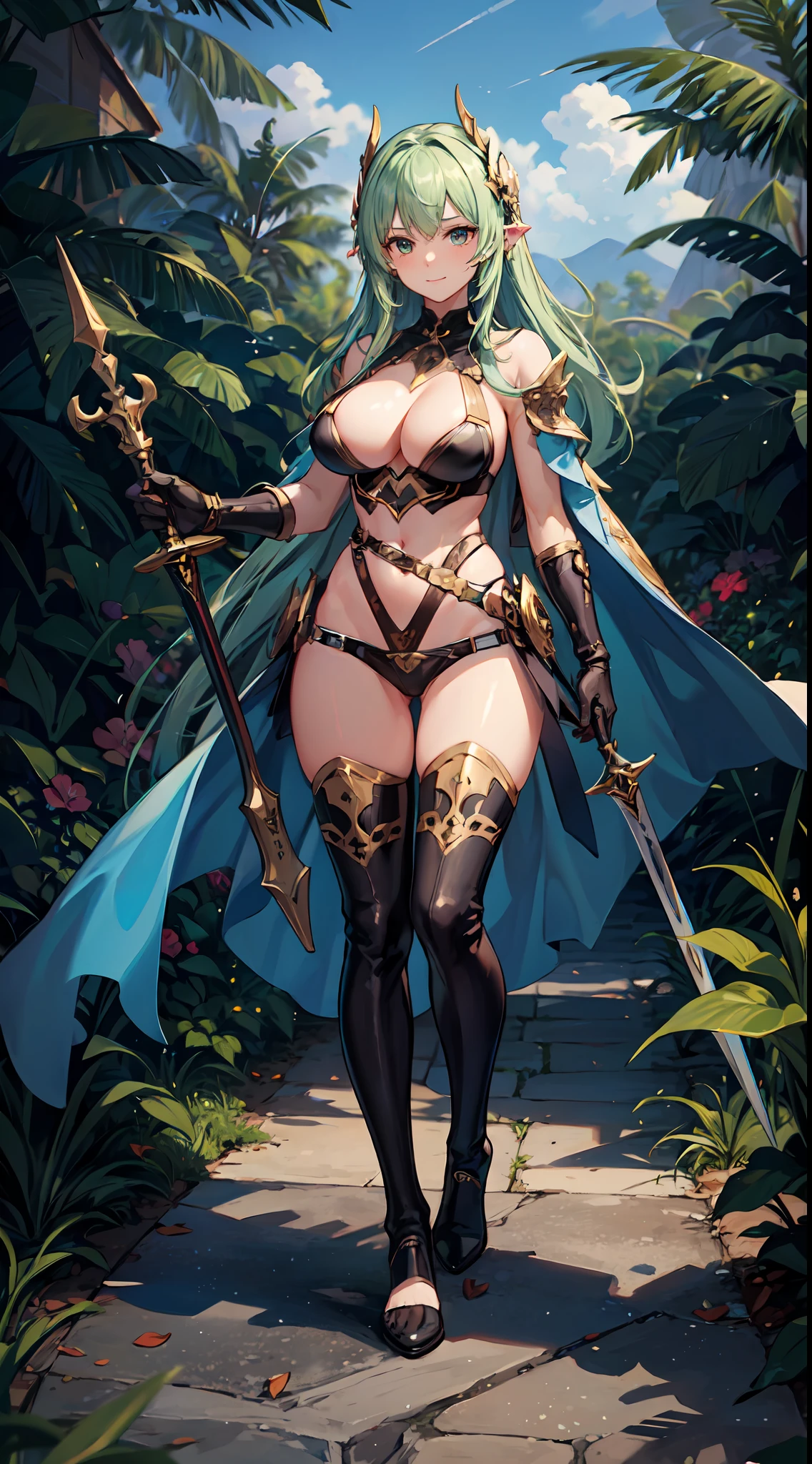 (((Masterpiece))),(((Best Quality))),(((Extremely Detailed))), Illustration, (High Resolution), High Quality, 1girl abs armor armored_boots bikini_armor boots breasts cape cleavage clothing colored_skin contrapposto dark_skin dark-skinned_female fantasy female footwear forest gauntlets gloves greaves green_hair green_skin gruntnk holding holding_object holding_sword holding_weapon horns large_breasts long_hair looking_at_viewer midriff monster_girl muscle muscular_female nature navel obliques orc outdoors pantsu pauldron planted planted_sword planted_weapon pointed_ears revealing_clothes shoulder_armor smile solo standing sword thick_thighs thigh_boots thighhighs thighs toned tree underwear vambraces weapon wide_hips high_resolution 1:1_aspect_ratio full_body