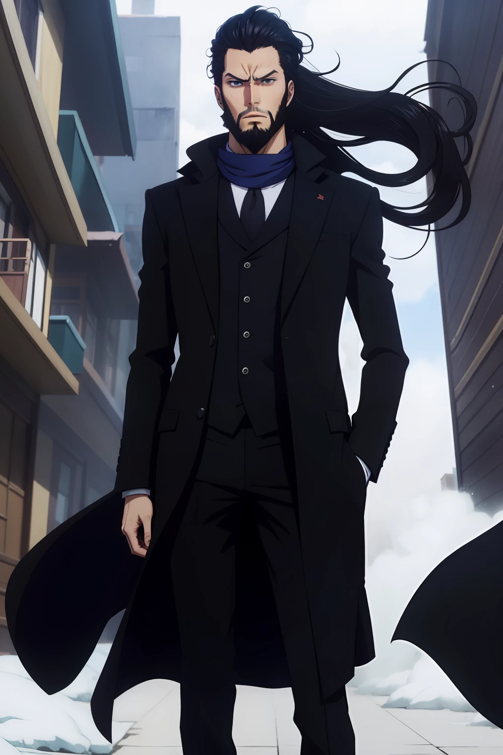 anime, man, black suit, black overcoat, neck blue scarf, long ponytail hair, tiny beard