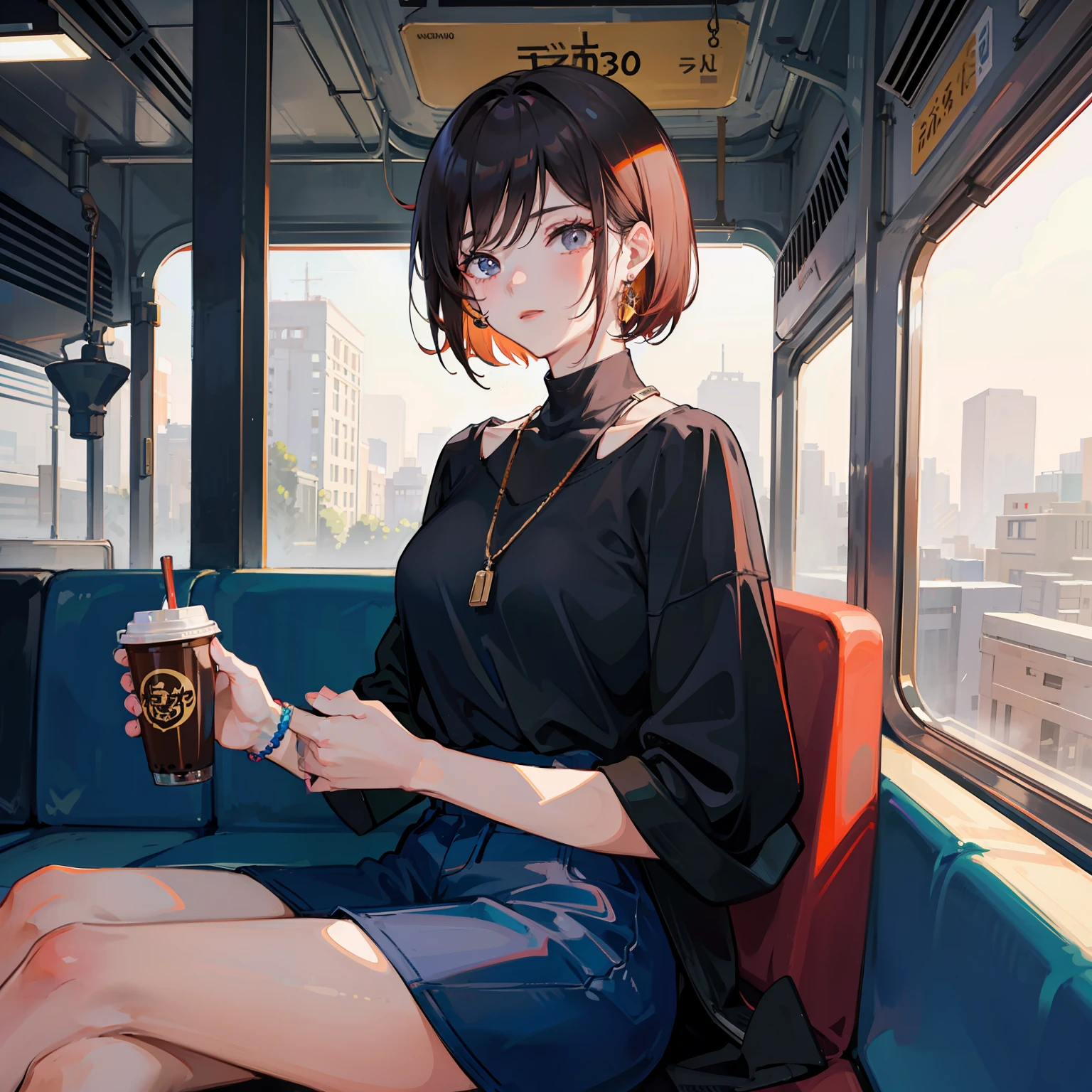 Girl with short hair shaved behind on the train drinking coffee and listening to music, tempo chuvoso, colorido, qualidade incrivel obra de arte
