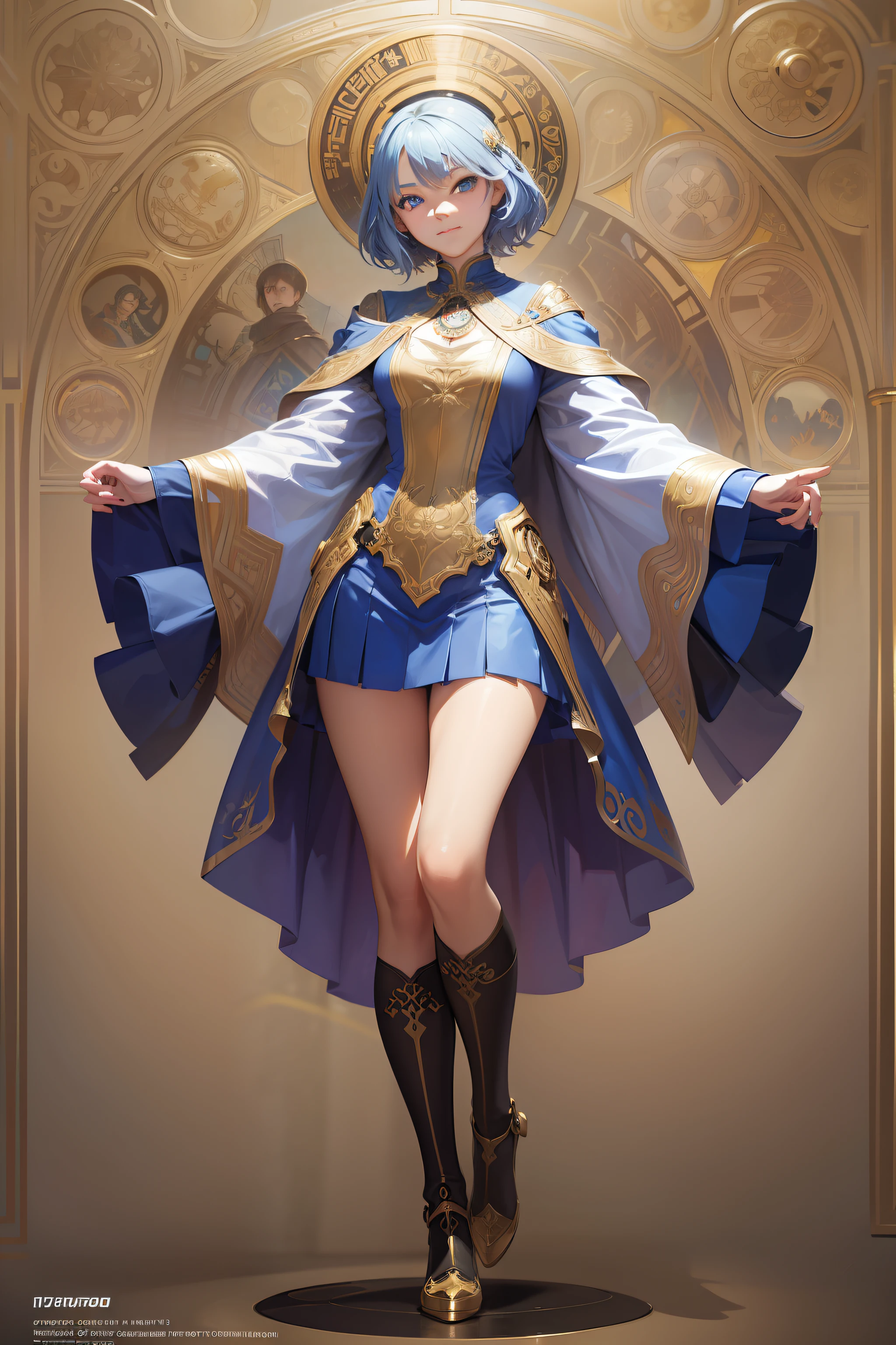 Full body, Hair color white, Anime, 14 years old, Beautiful blue eyes, Happy smiling face, Shorthair, Miniskirt school uniform, photorealistic beautiful girl, hyper detailed painting, luminism, with an intricate, ArtGerm, wlop, Alphonse Mucha, little fusion pojatti realistic steampunk, Octane Render, Intricately detailed, Trending on ArtStation, isometric, realistic mucha, Klimt, mix of bold dark lines and loose lines, bold lines, On paper, Humanoid, Front view, Slender and beautiful legs