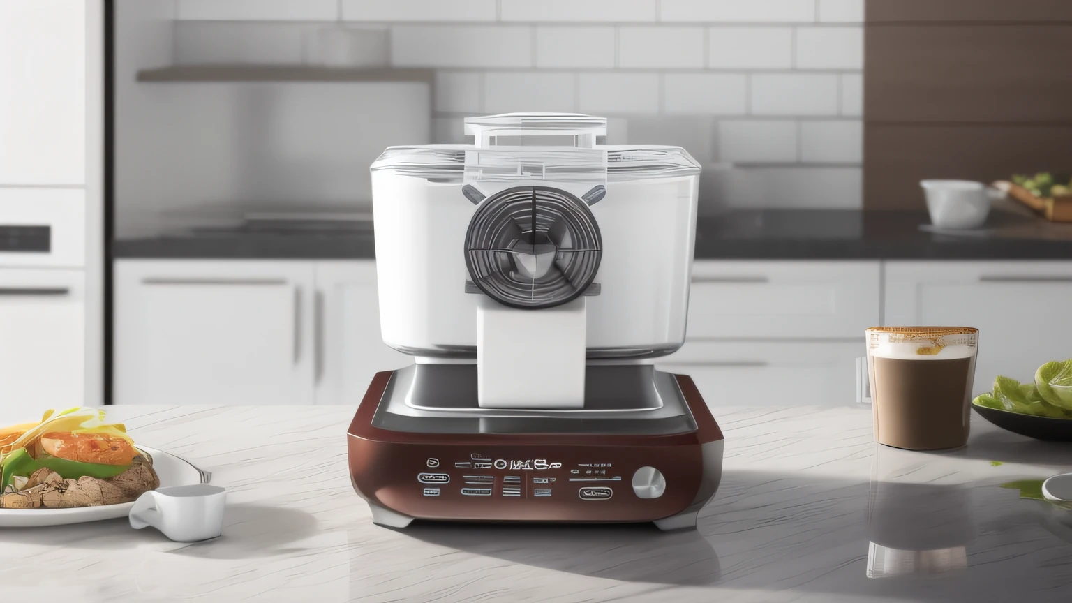 The food processor is located on the countertop，Next to it is a food plate and a cup of coffee,professional food photography,computer render,Photorealism,