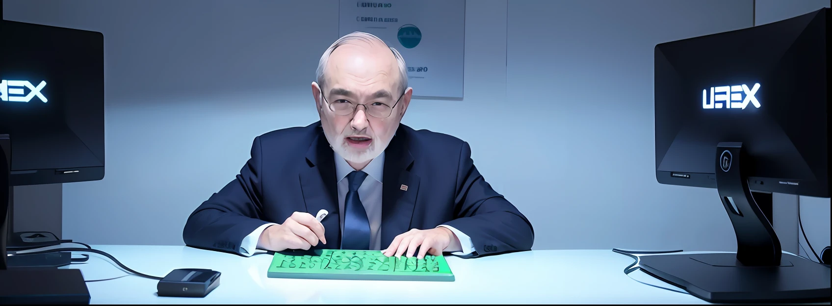 rato com terno e pelos pretos, com coroa de ouro, num quarto escuro com computadores cheios de codigos igual em matrix, realistico