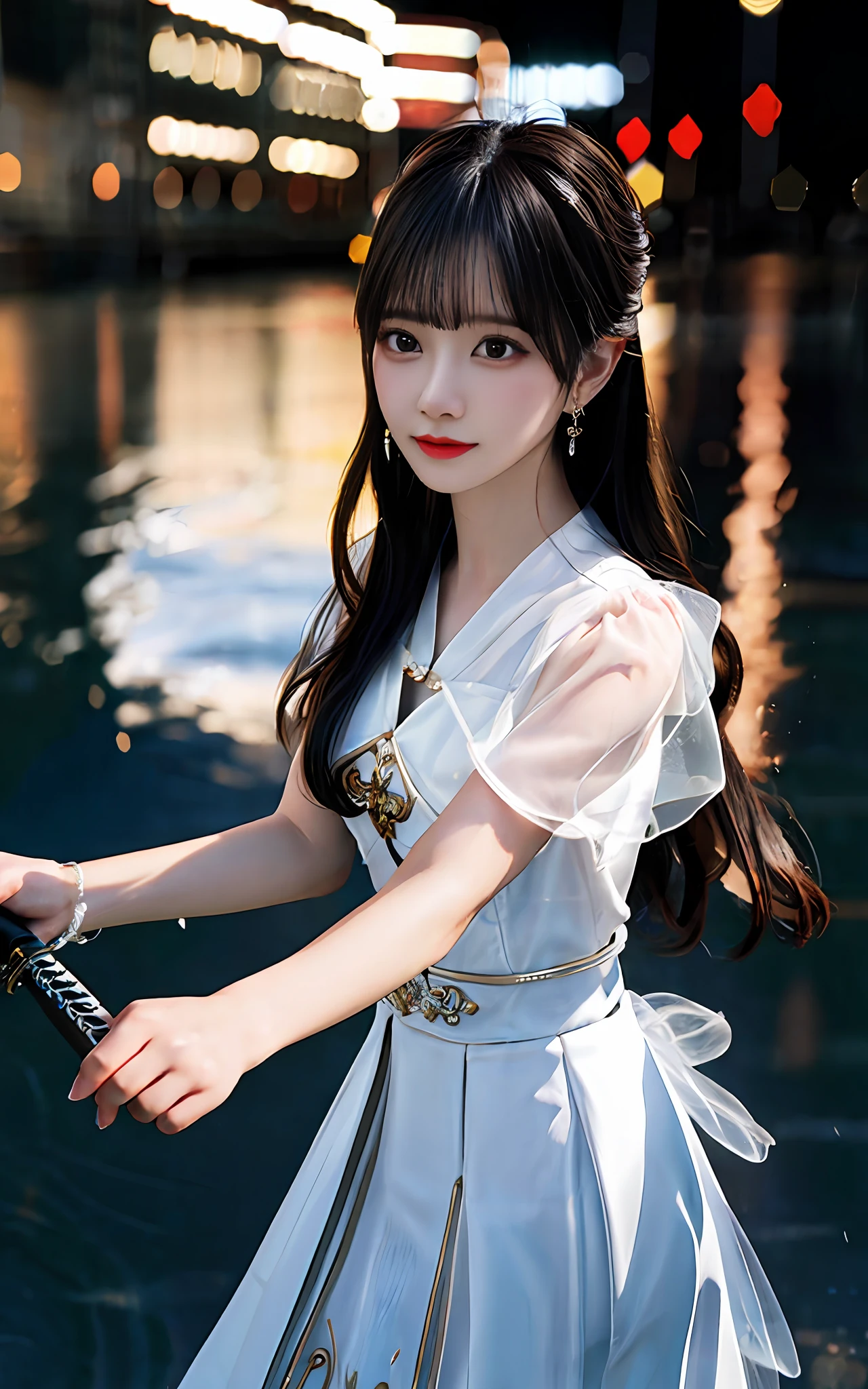 (realisticity: 1.2), best quality, masterpiece, highres, cg,
1girl, weapon, sword, long hair, dress, water, solo, jewelry, white dress, earrings, hair ornament, splashing, upper body super realistis, hair bun, black hair, city bacgraun realistis,
lighting,candid, Photograph, high resolution, 4k, 8k, Bokeh,