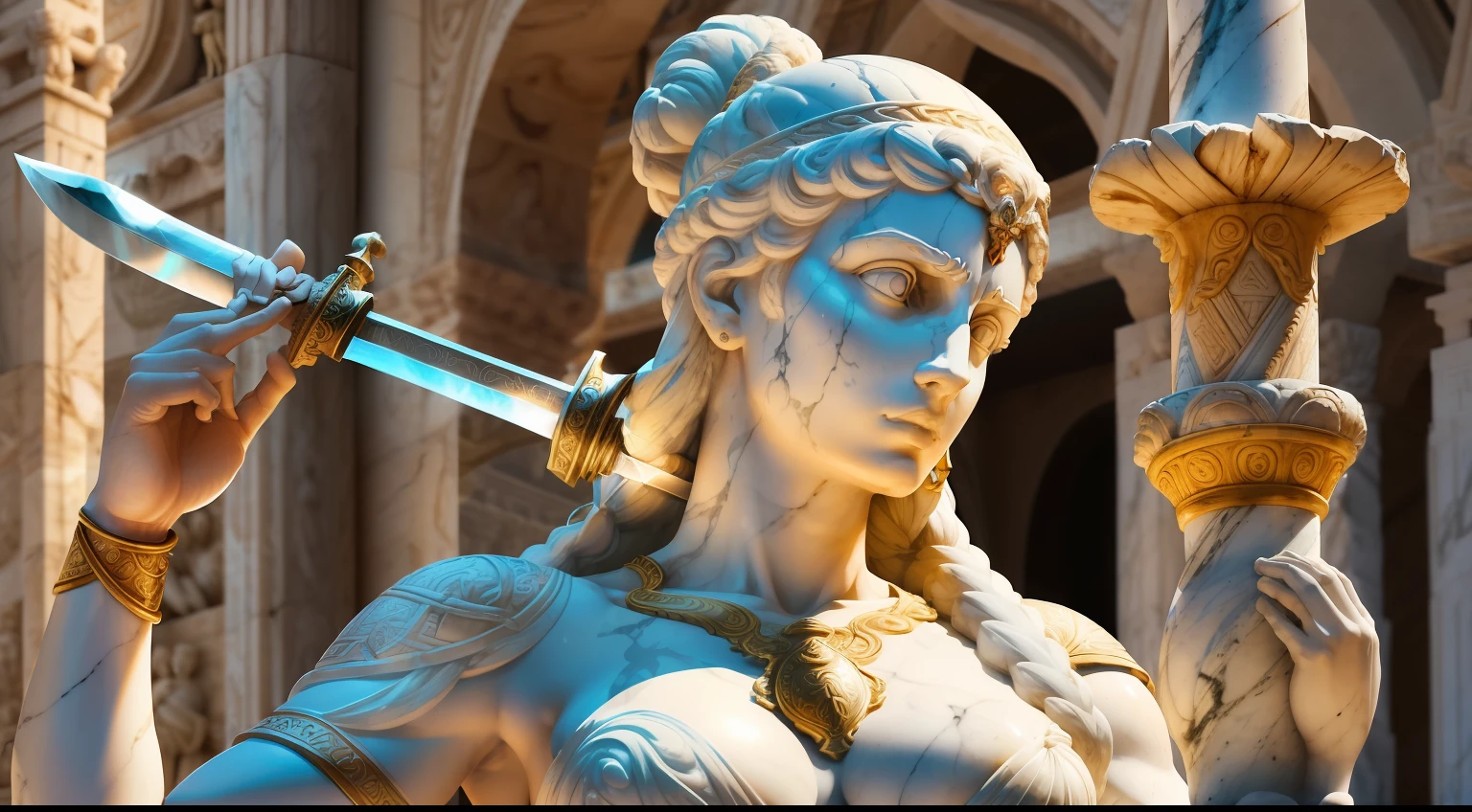 A hyper-realistic marble statue of a beautiful Roman woman and goddess holding a rotten sword, poeira muito velha e antiga, and their facial expressions betray deep sadness and overthinking. Contra o fundo de colunas romanas.