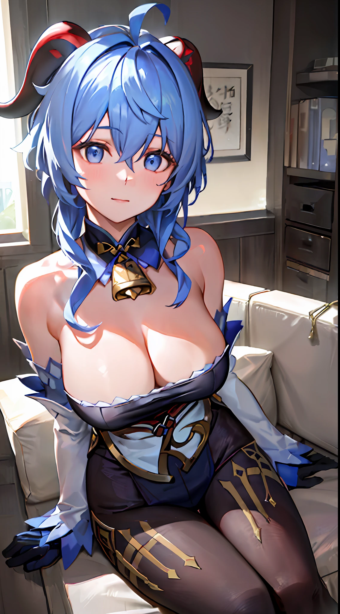 (Photorealistic:1.4), (Masterpiece, side-lighting, fine detailed beautiful eyes: 1.2), Masterpiece*Portrait, Realistic, 3D face, Ganyu \(Genshin Impact\), 1girll, ahoge, architecture, By bangs,(Close-up photo 1.5),(cleavage 1.3),Large breasts,(Bare shoulders 1.3),bell,black glove,Black tights,(blue hair),Blushlush,Beautiful breasts,Chinese knot,the sleeve,flower knot,mitts,cow horn,long whitr hair,Look at the audience,middlebreast,Neckbells,Roofs of ancient buildings