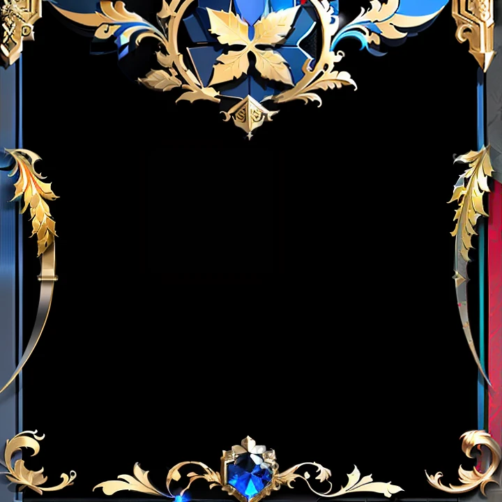 with black background,Game avatar frame,Red and blue color scheme,Ornate metal décor,There are two crossed swords at the top,There is a blue gemstone at the bottom