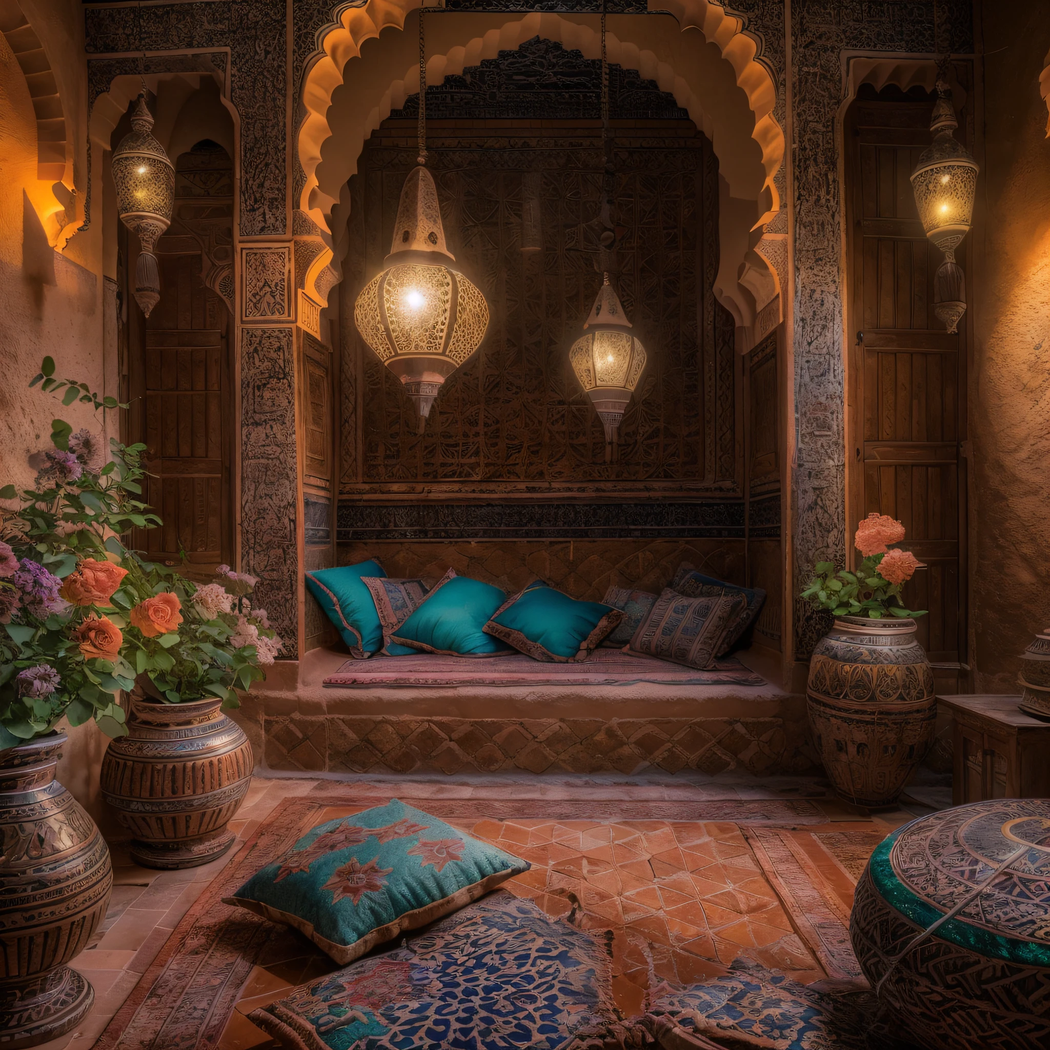 Moroccan salon, Amazigh pillows, riad fountain, masterpiece, best quality, ultra high res, RAW, ((Riad)), Marrakech, Marrakesh, Moroccan lamps, (Photoluminescence), blooming flowers, clear, Cinematic RAW photo, hyper real photo, ultrarealistic, 8k uhd, dslr, soft lighting, high quality, film grain, Fujifilm XT3, photographed on a Kodak Retina II Sanyo Xacti VPC-CA6, 50mm lens, Wide Angle, HDR, hyper-realistic, colorgraded, volumetric lighting, [volumetric fog, moist], shallow depth of field, reflections, photo, (sparkling), glistening, (iridescent), glimmering, shimmering, mystical, enchanting, glittering, Morocco, exotic, (masterpiece) (best quality) (detailed) (8k) (HDR) (wallpaper) (cinematic lighting) (sharp focus) (intricate), romantic