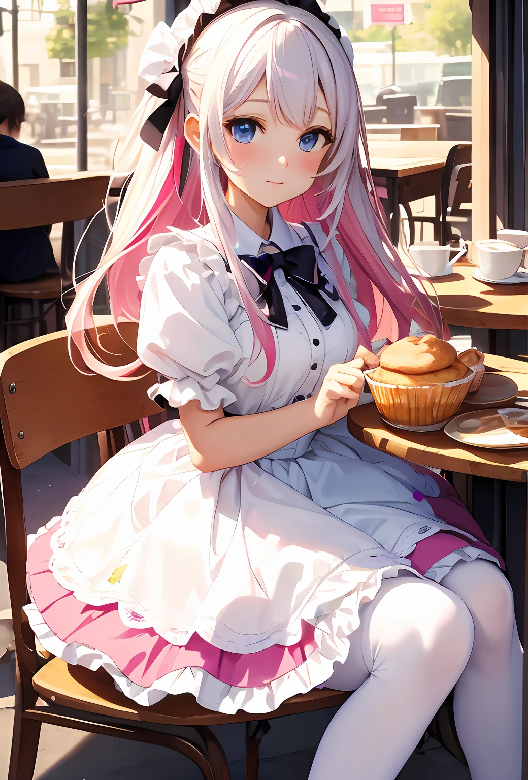 best qualityer,tmasterpiece,Ultimate resolution,downy,Extremely colorful,Colorful,Big high school girl,ta long dress, white stockings,Muffin shoes,Cafe background,closeup of face
