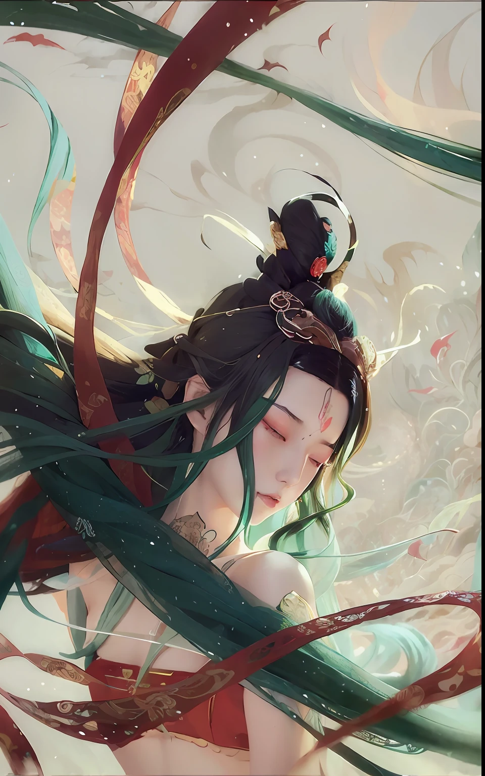 Long flowing hair,Beautiful art illustration in Dunhuang style,Li Song's digital painting style,Exudes intricate artistic inspiration,From the sleeping wolf、Guviz、Digital concept art illustration by Artgerm and Atey Ghailan,beauitful face