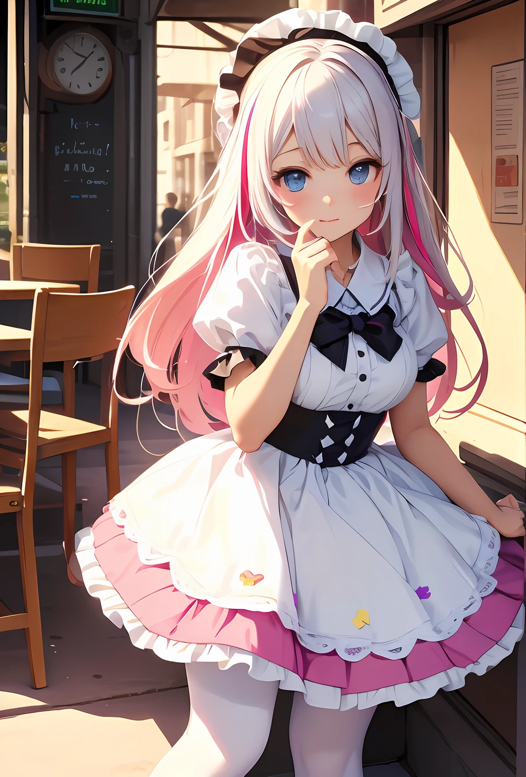 best qualityer,tmasterpiece,Ultimate resolution,downy,Extremely colorful,Colorful,Big high school girl,Lolita long dress, white stockings,Muffin shoes,Cafe background,closeup of face