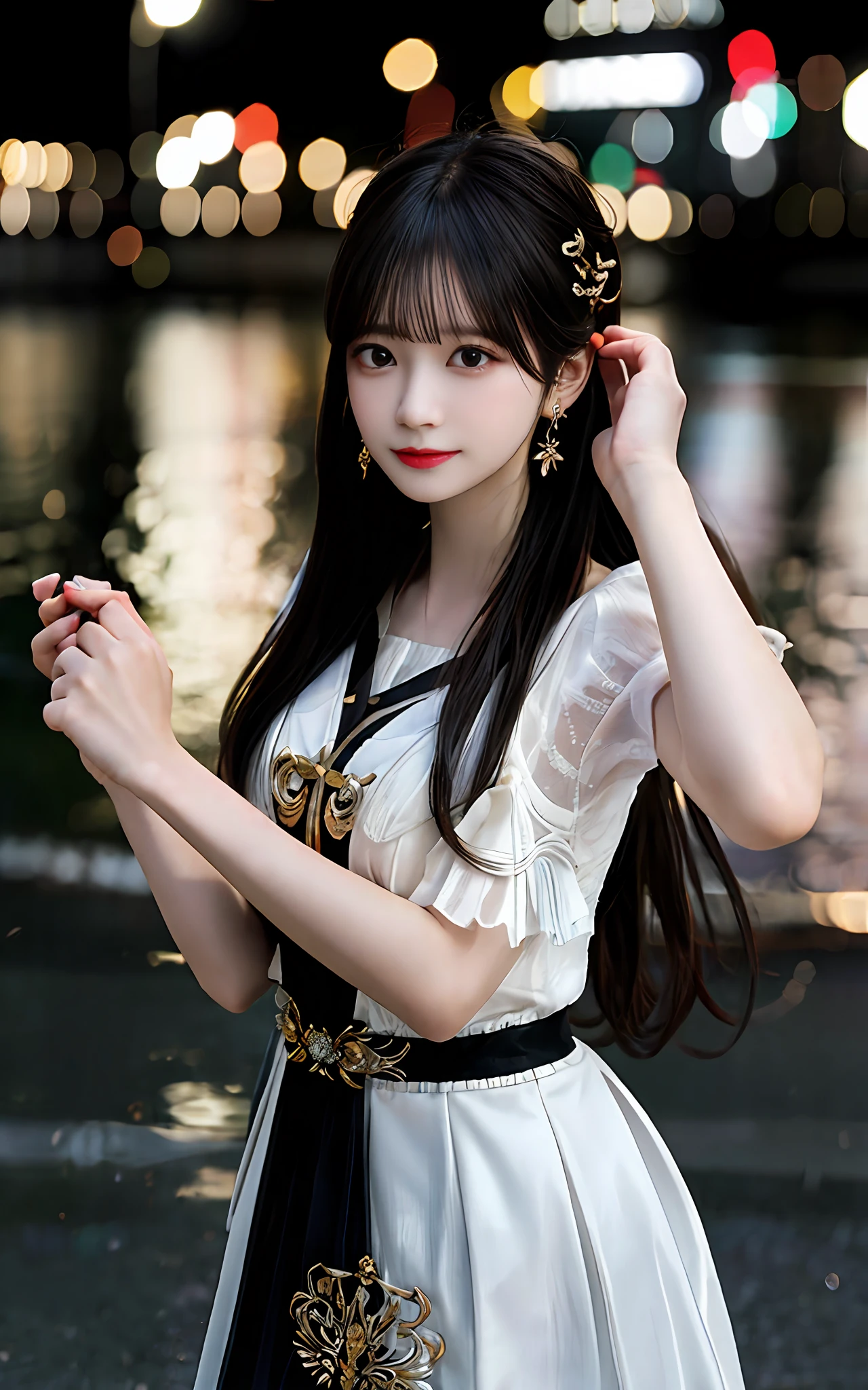 (realisticity: 1.2), best quality, masterpiece, highres, cg,
1girl, weapon, sword, long hair, dress, water, solo, jewelry, white dress, earrings, hair ornament, splashing, upper body super realistis, hair bun, black hair, city bacgraun realistis,
lighting,candid, Photograph, high resolution, 4k, 8k, Bokeh,
