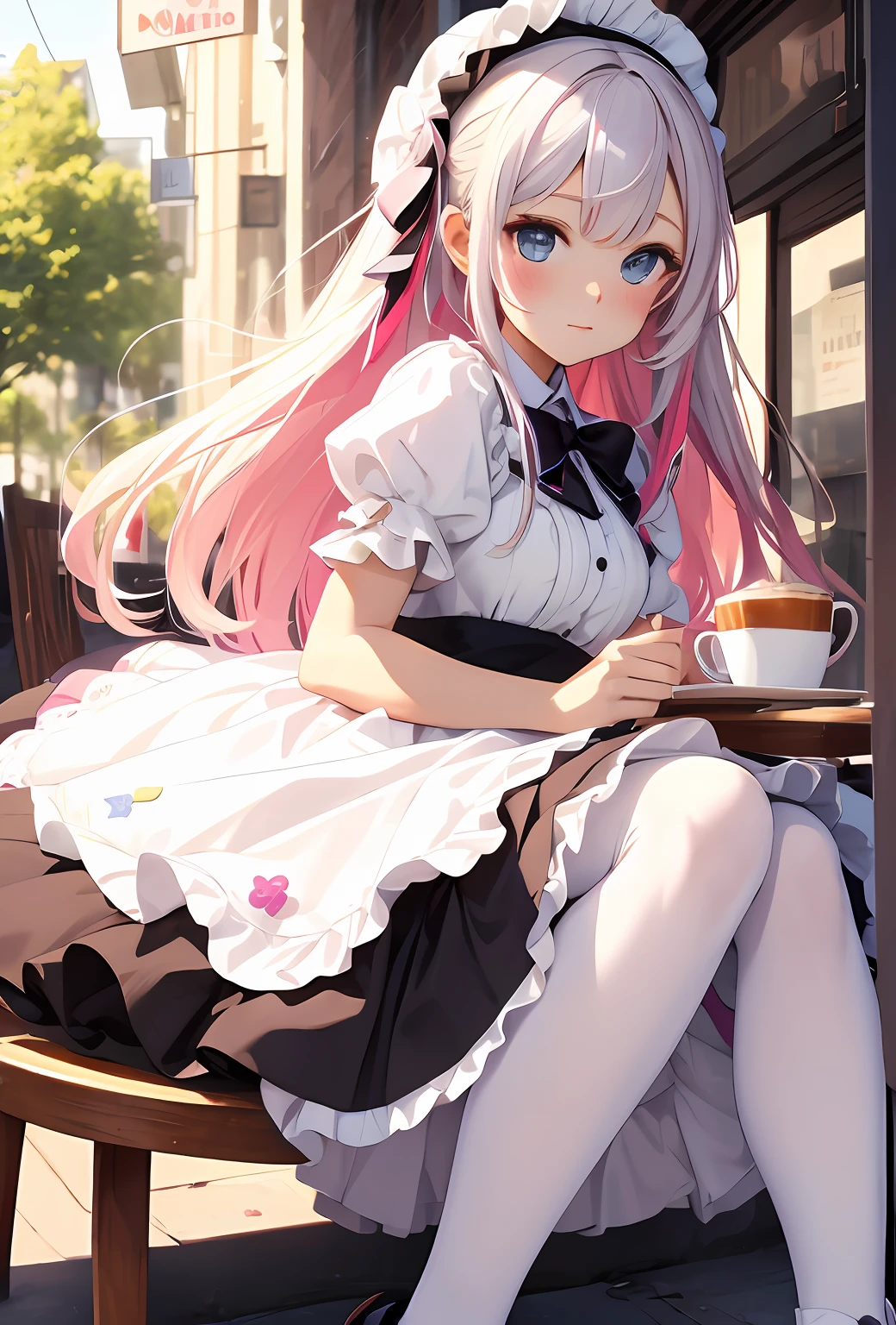 best qualityer,tmasterpiece,Ultimate resolution,downy,Extremely colorful,Colorful,Big high school girl,ta long dress, white stockings,Muffin shoes,Cafe background,closeup of face